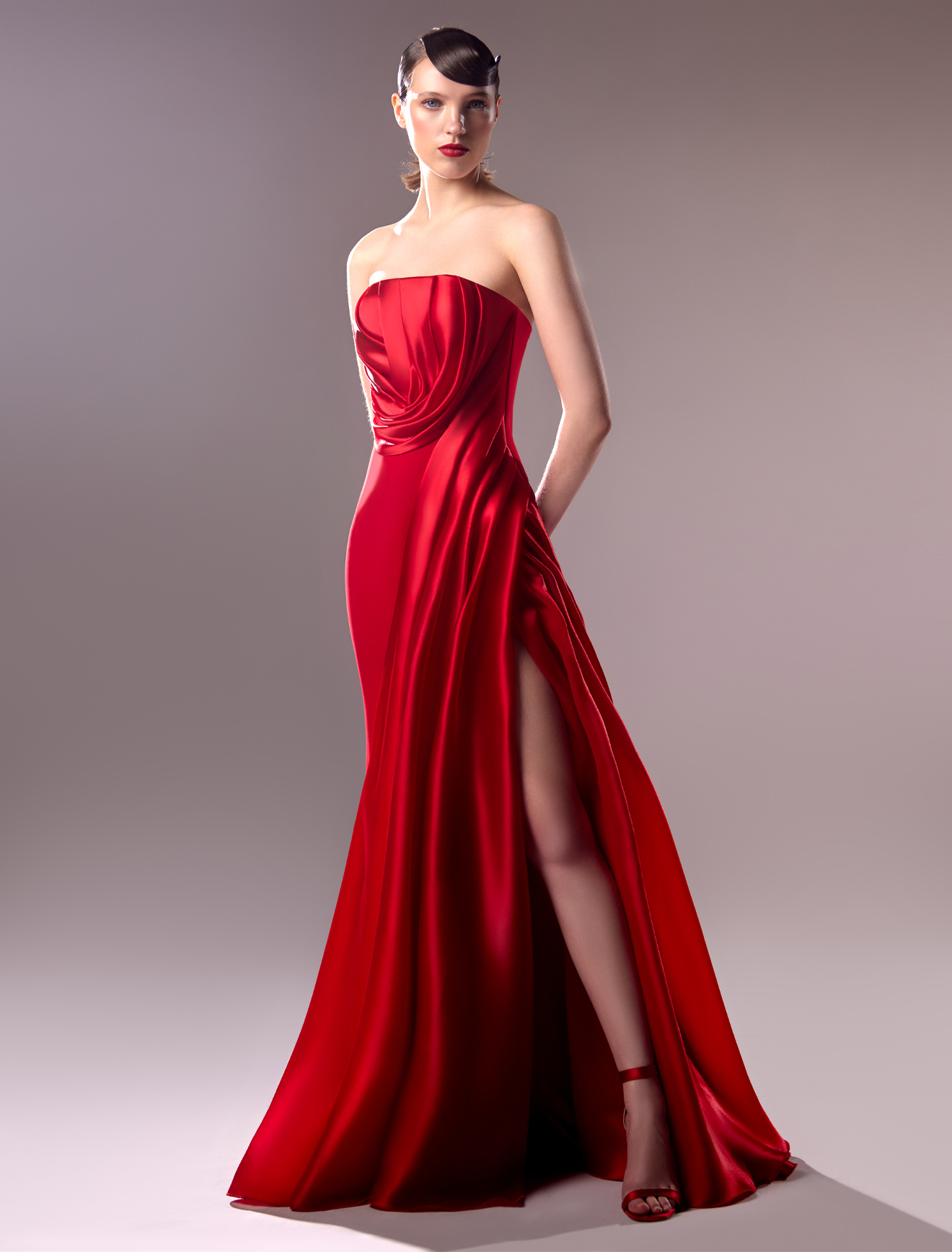 Draped Strapless Dress in Red Organdie and Crepe