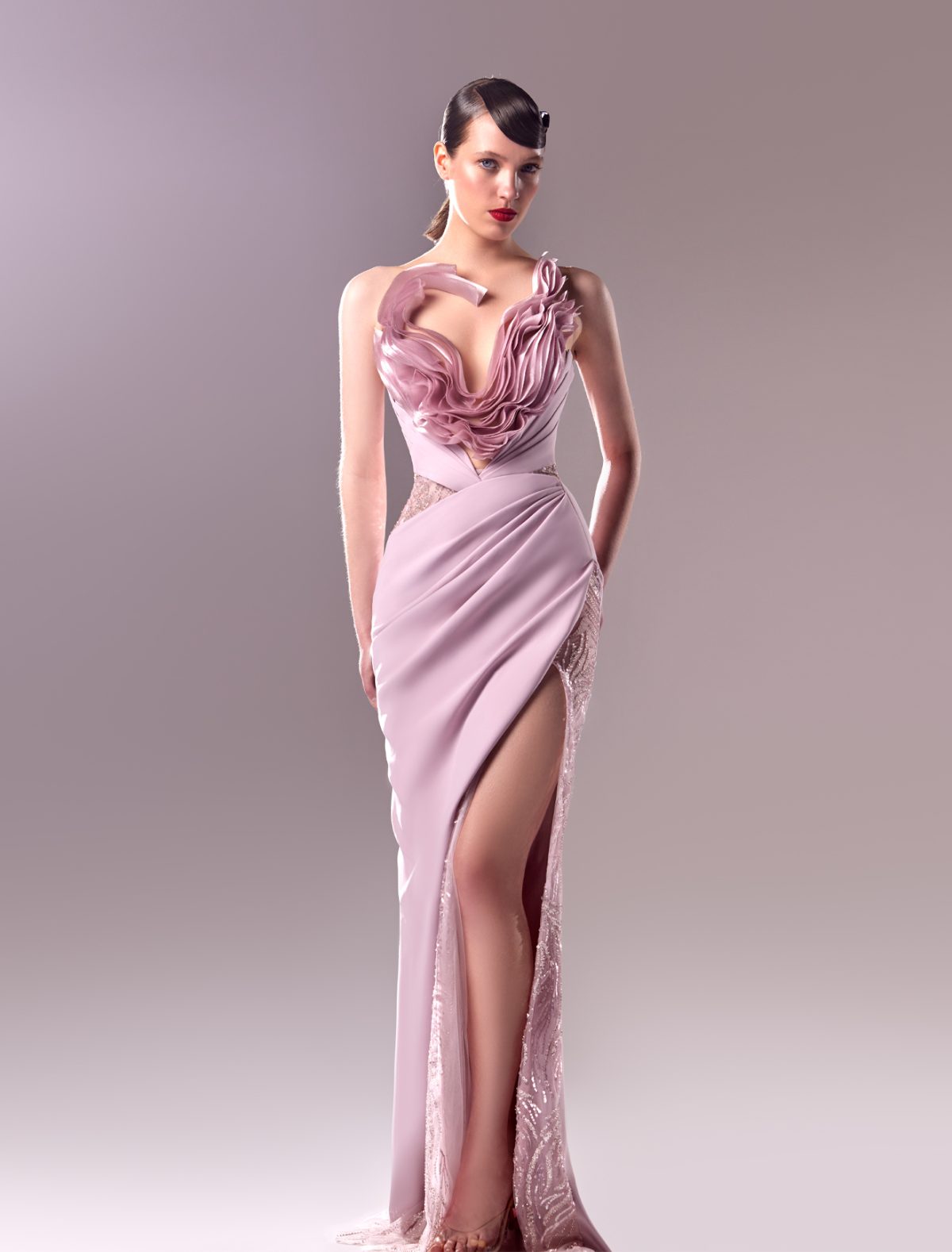 Lace and Organdie Pink Draped Dress for Elegant Occasions