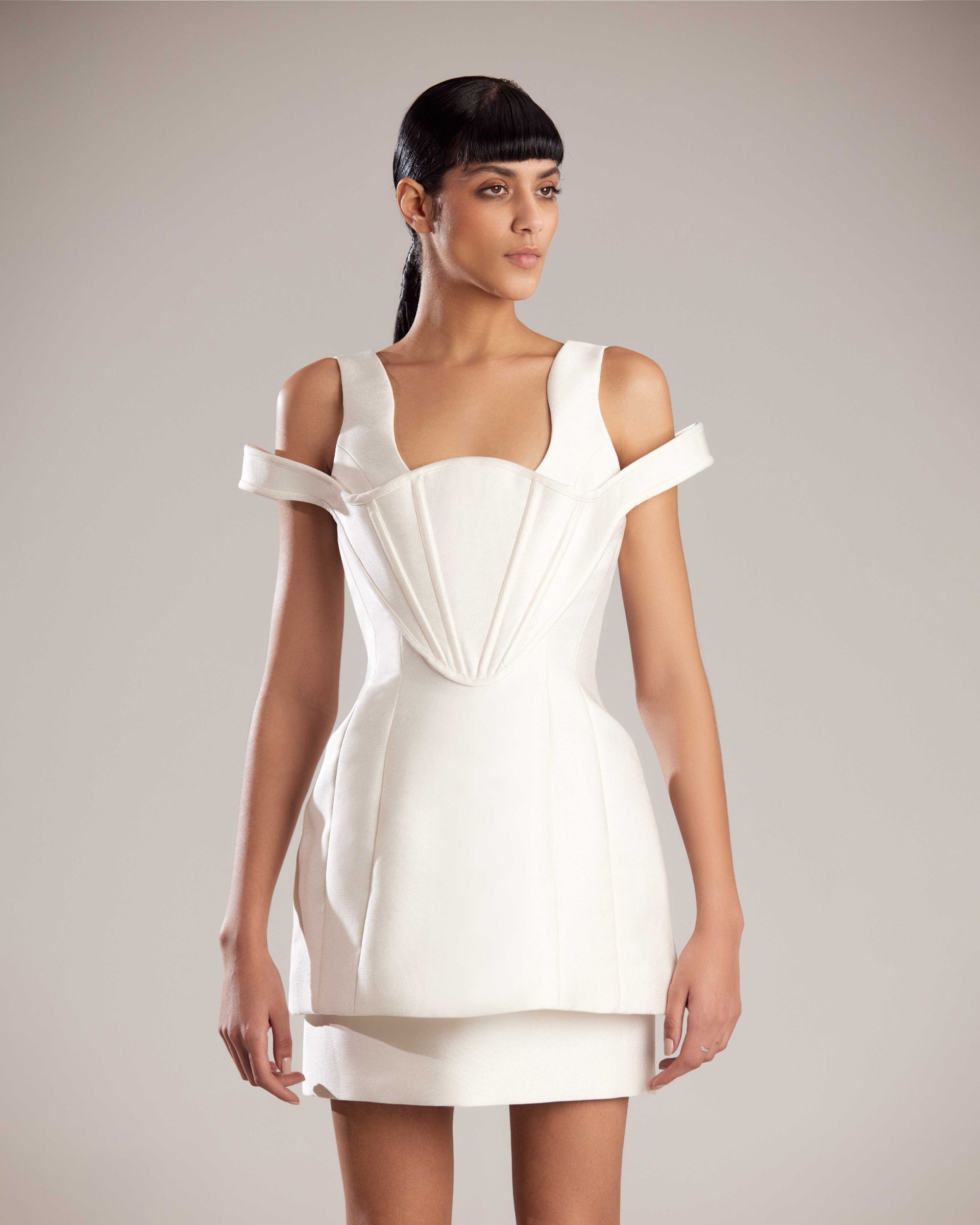 Elegant White Off-Shoulder Dress with Structured Bodice