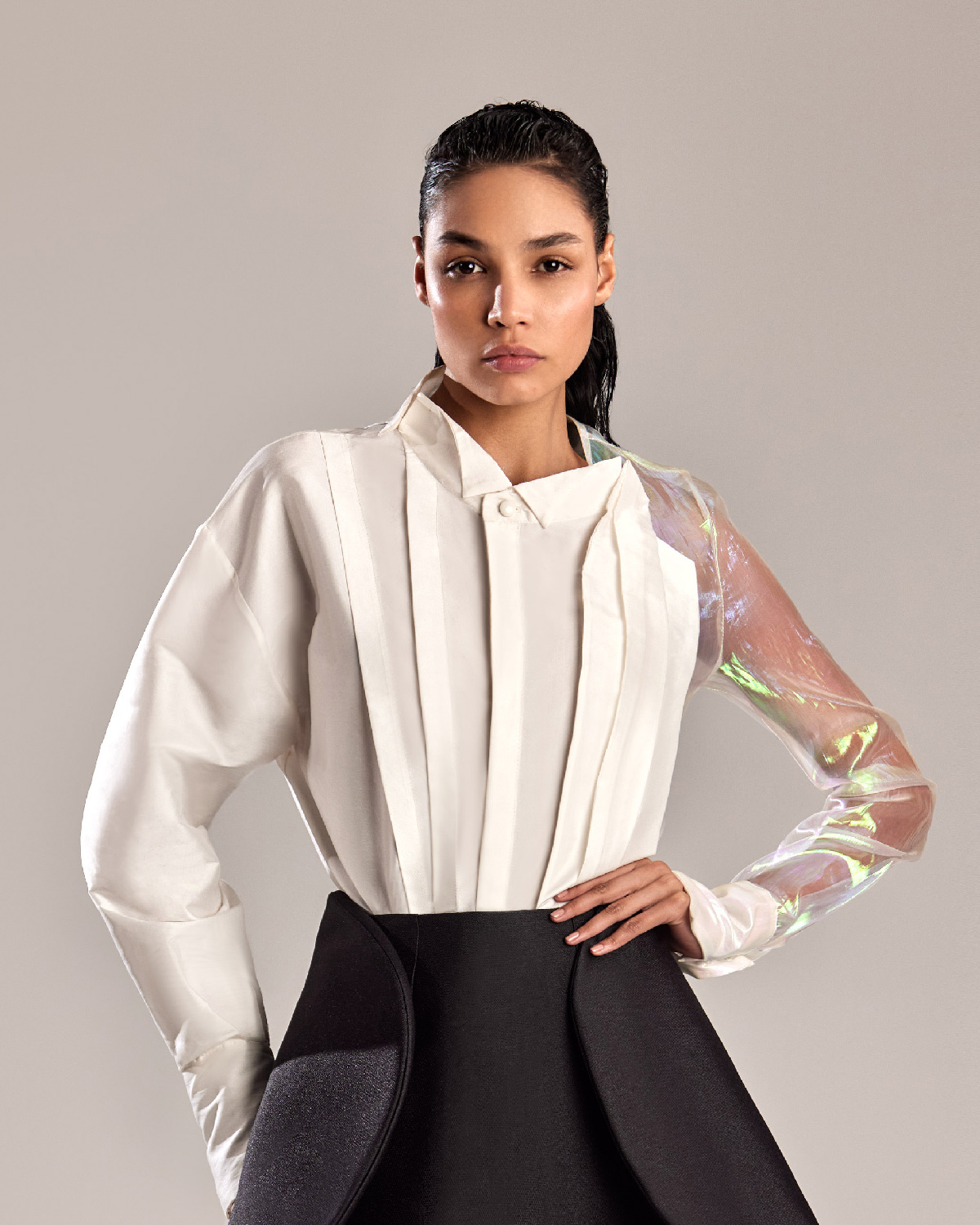 Elegant White Taffeta and Iridescent Fabric Shirt with Asymmetrical Design