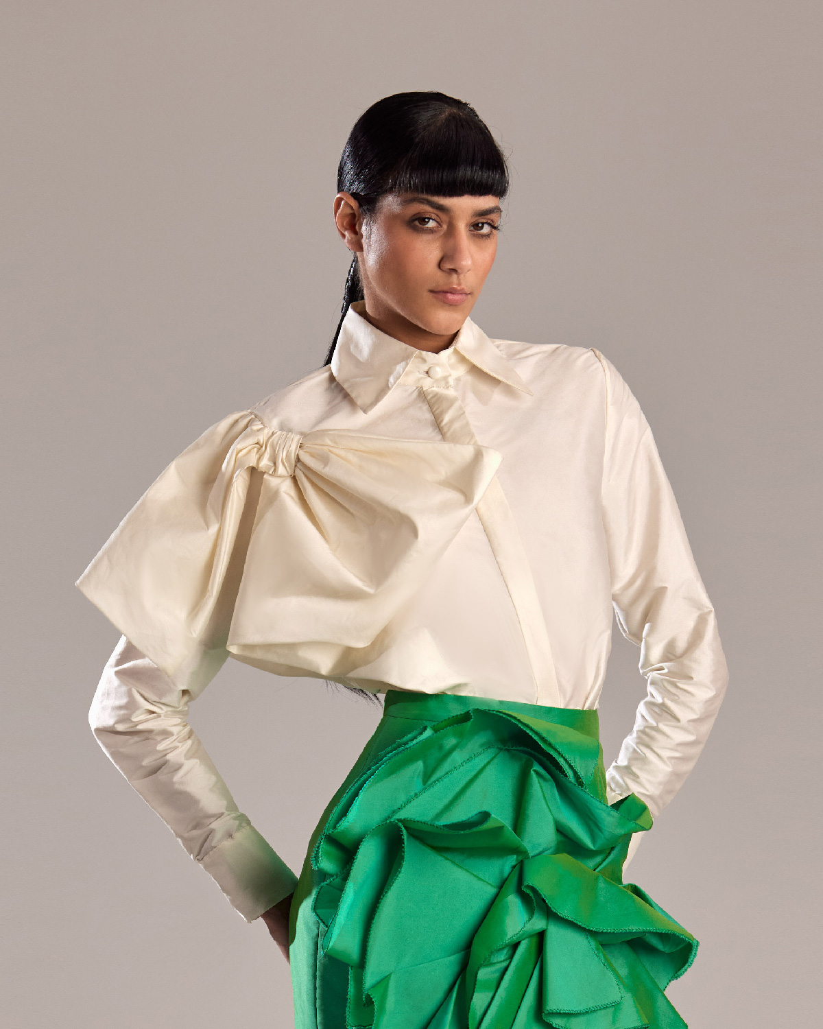 White Taffeta Top with Asymmetrical Design and Oversized Bow