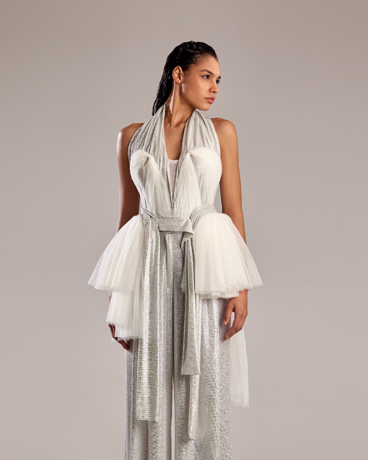Silver Metallic Fabric Top with Pleated Tulle Accents