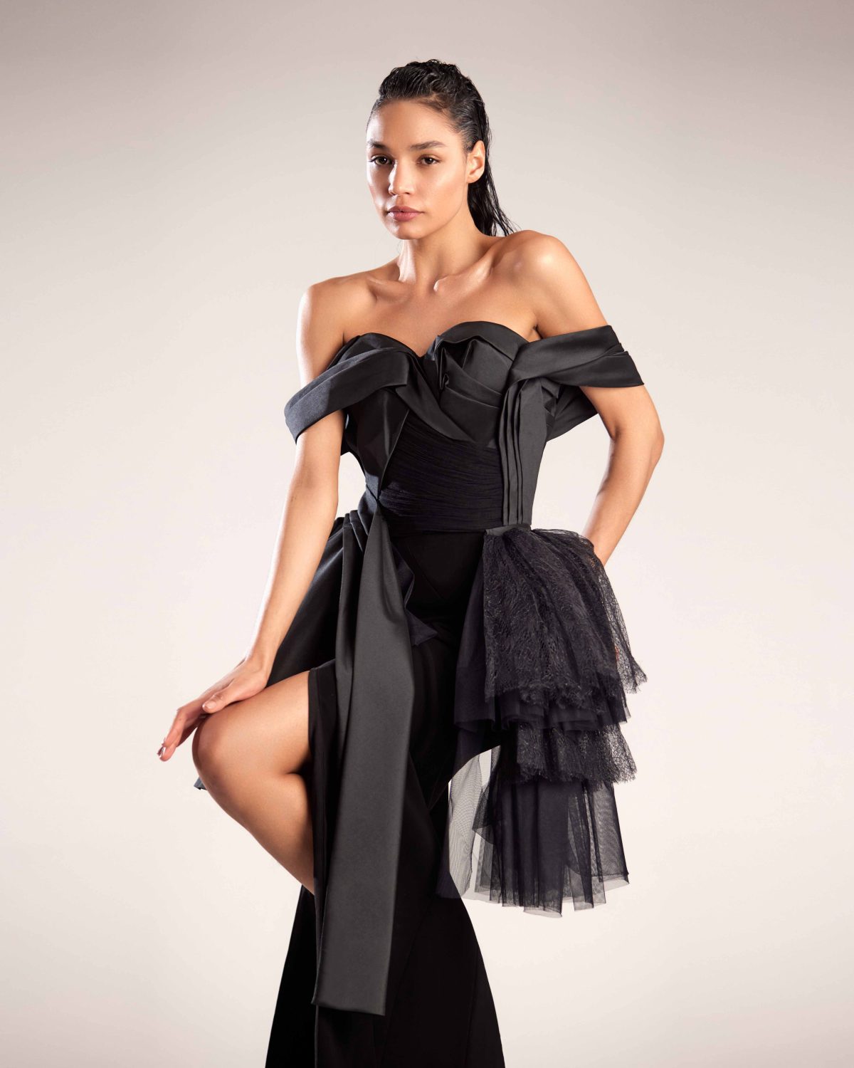 Elegant Black Taffeta and Pleated Tulle Sophisticated Top