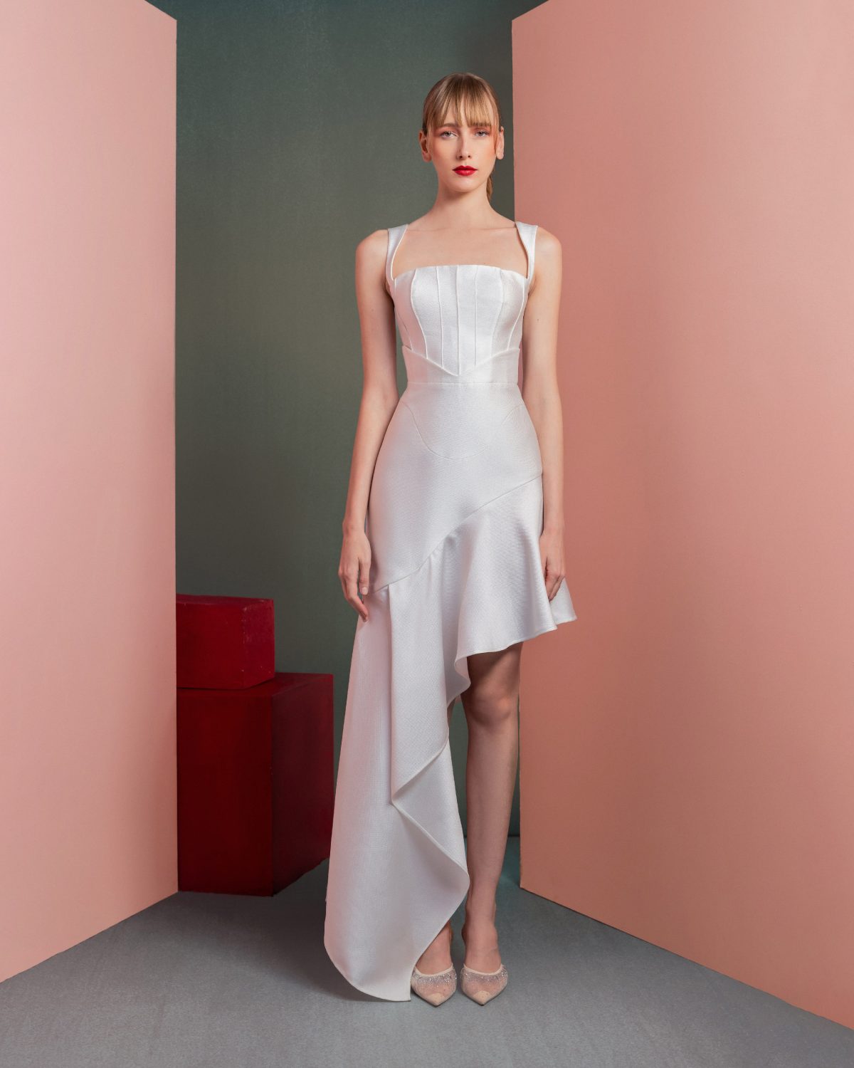 Asymmetrical High-Low Skirt Mikado Dress