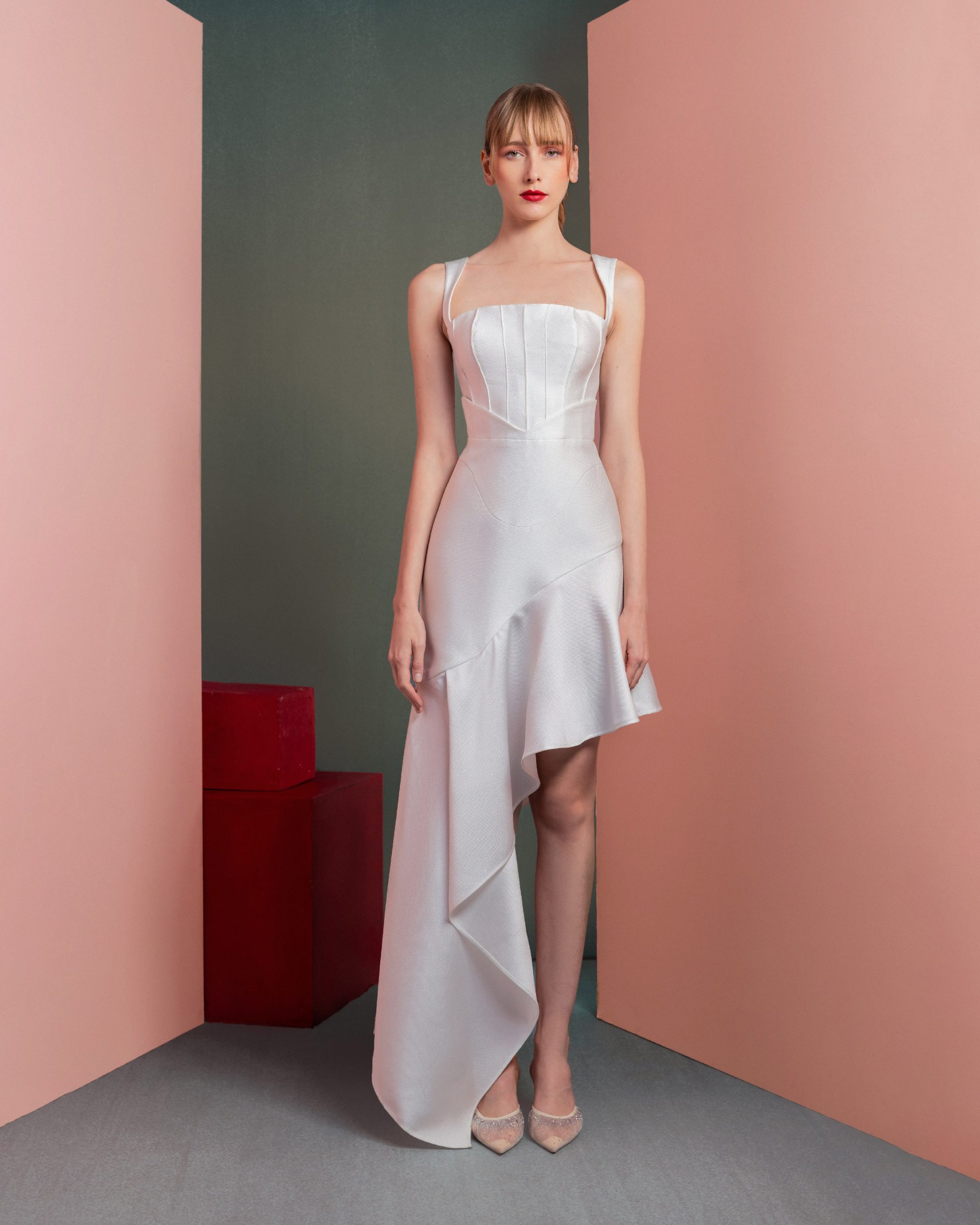Asymmetrical High-Low Skirt Mikado Dress