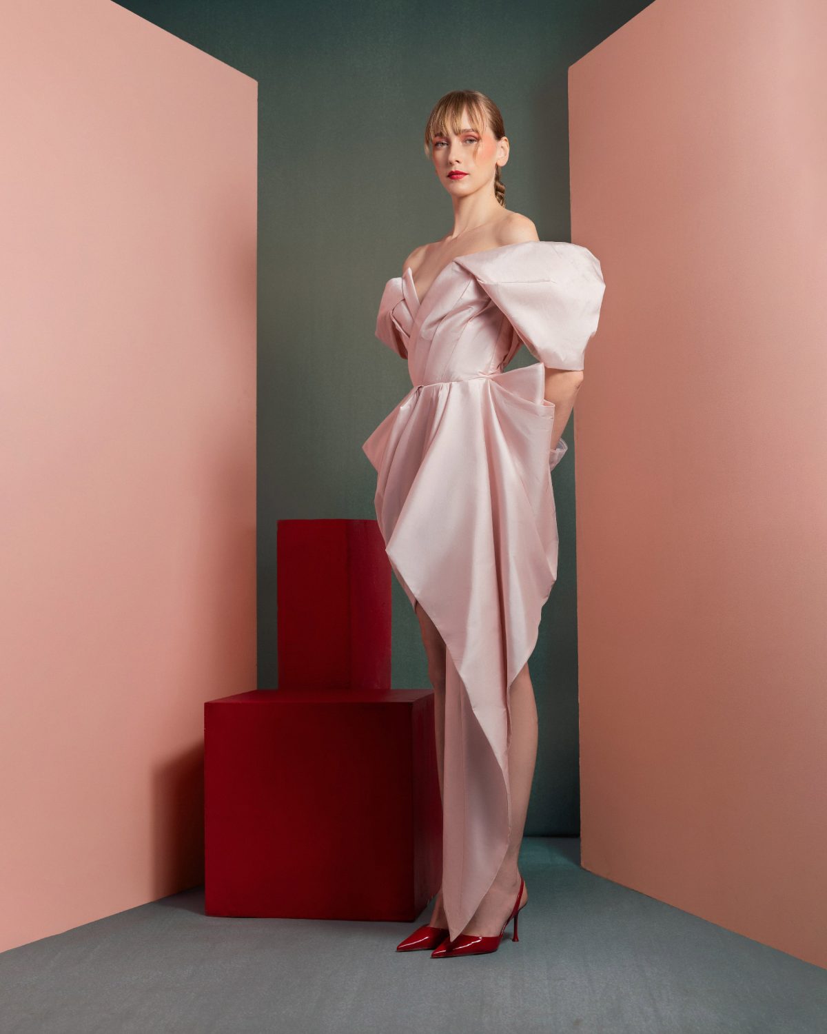 Asymmetrical Pink Taffeta Dress with Dynamic Off-Shoulders