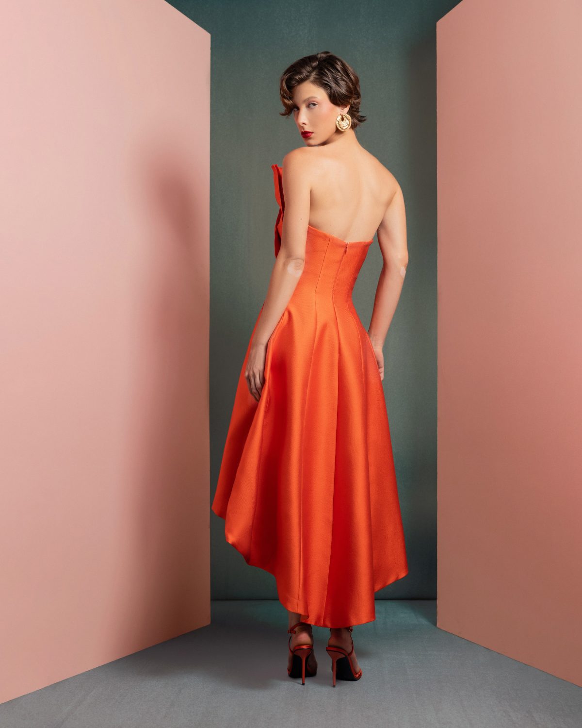 Vibrant Orange Mikado Piqué Dress with Structured Pleats