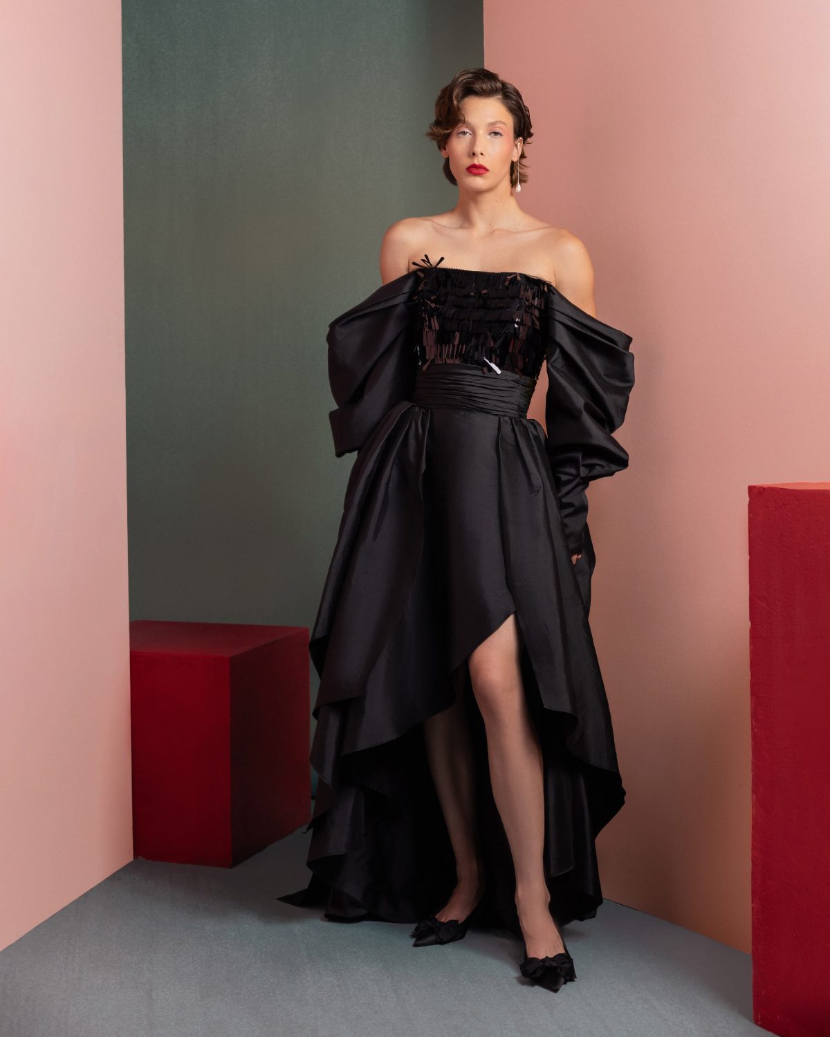 Bold sleek Sequin Top with Exaggerated Glamour Sleeves