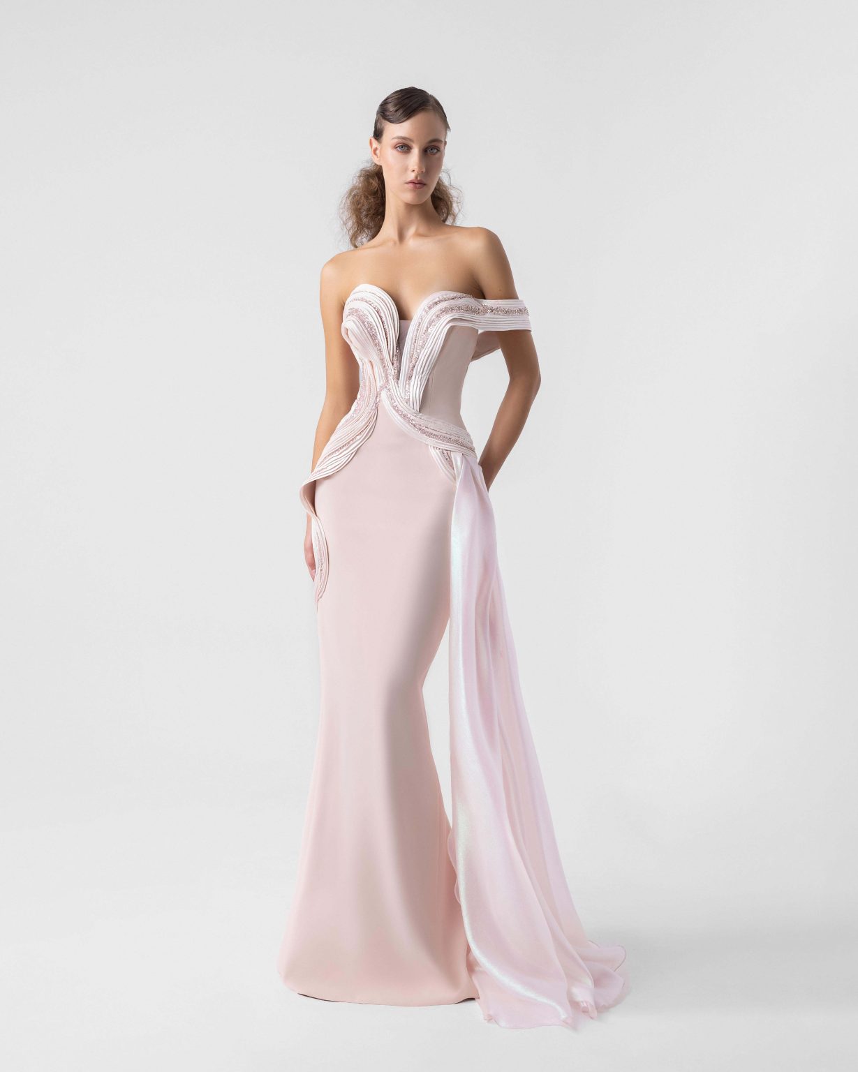 Plunging V Off-Shoulder Blush Gown with Holographic Draping