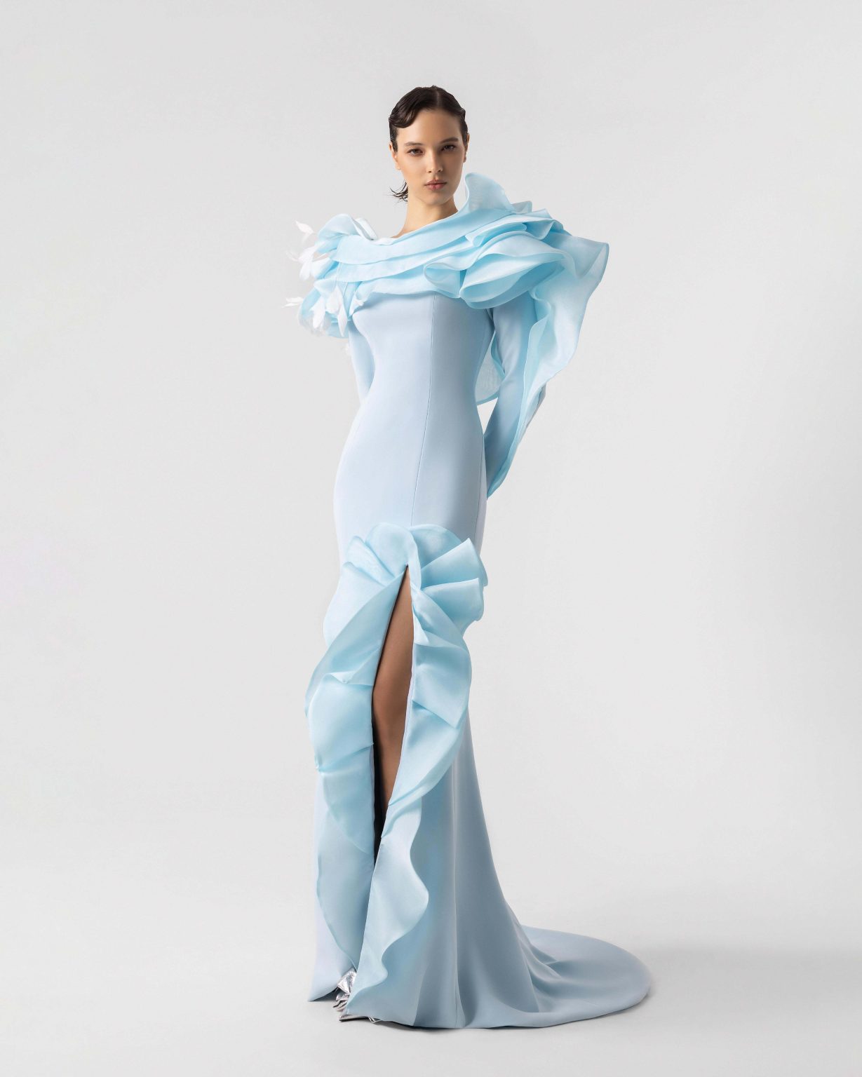 Feathered Shoulders, Ruffled Slit Blue Evening Dress