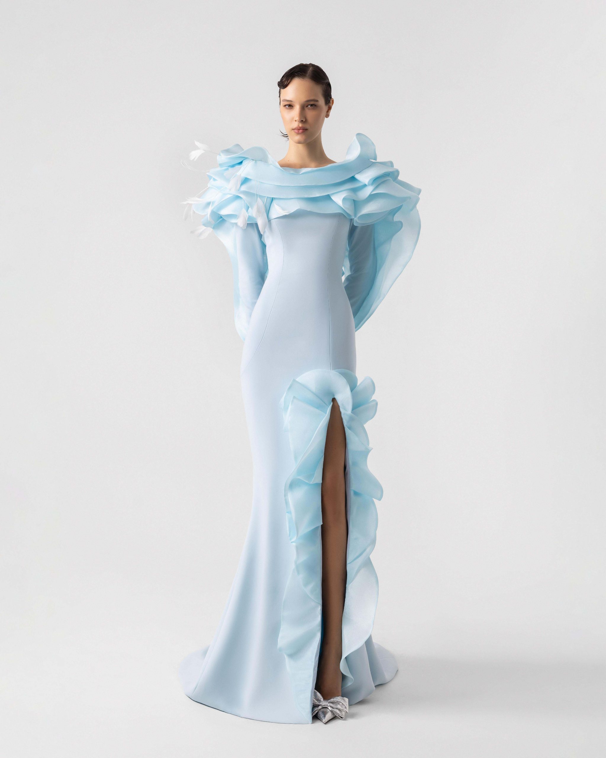 Feathered Shoulders, Ruffled Slit Blue Evening Dress