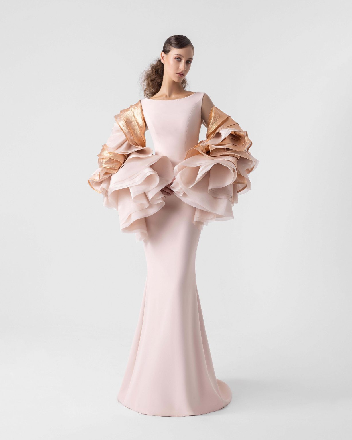 Cascading Metallic Organza Sleeves Salmon Pink Mermaid Dress