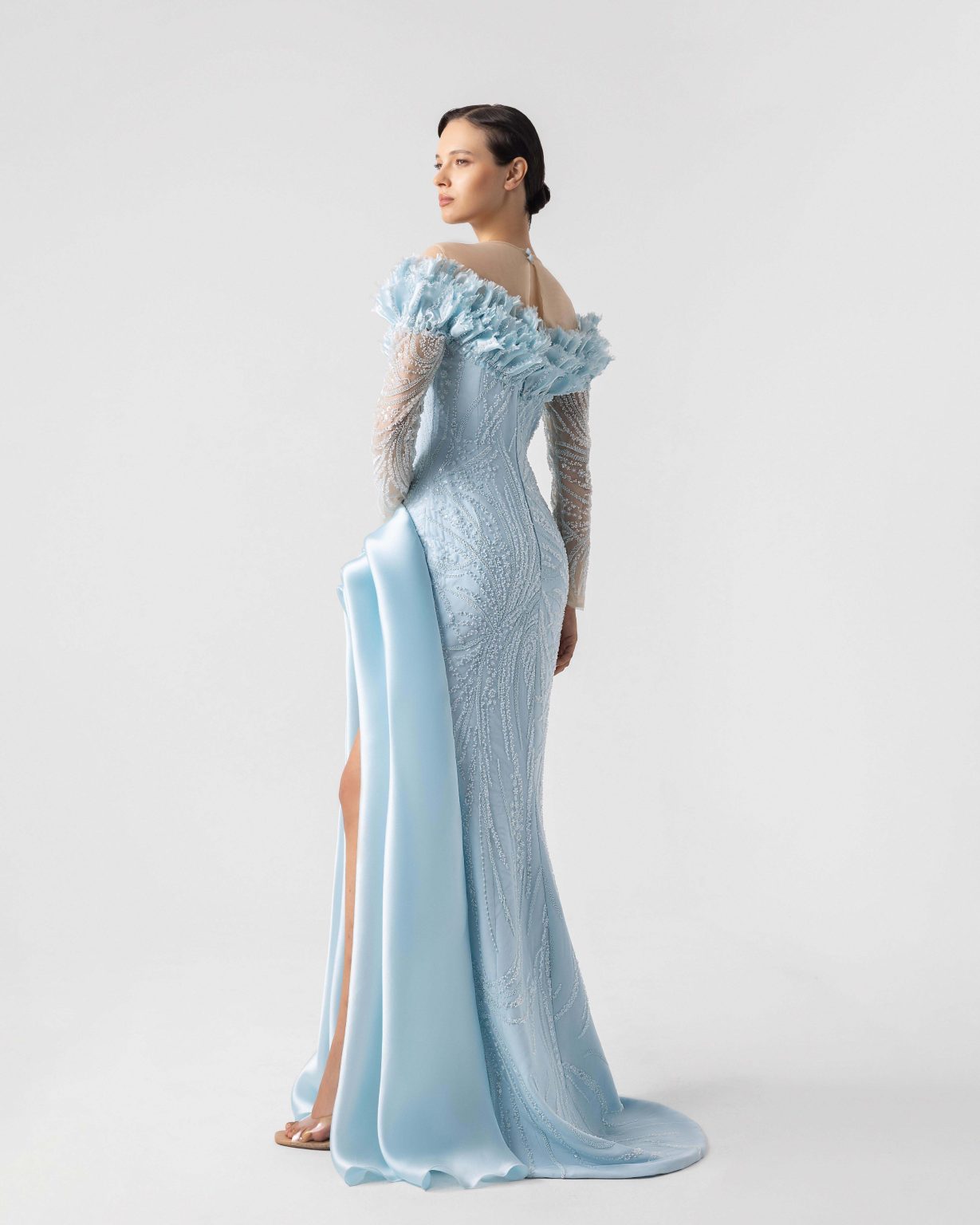 Deep V Embellished frills Ice Blue Lace  Gown