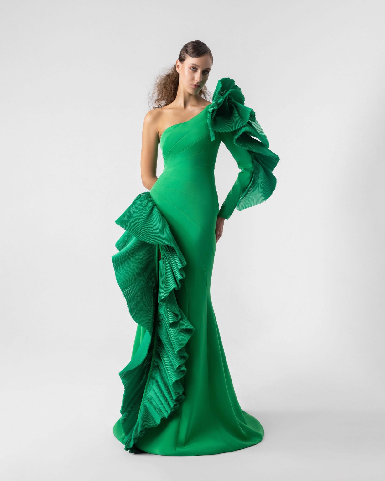 Ruffled One-Sleeve Green Mermaid Gown with Diagonal Seams