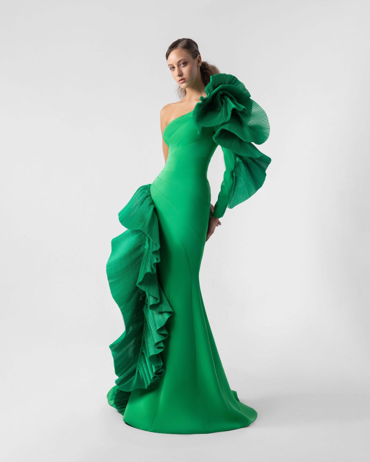 Ruffled One-Sleeve Green Mermaid Gown with Diagonal Seams