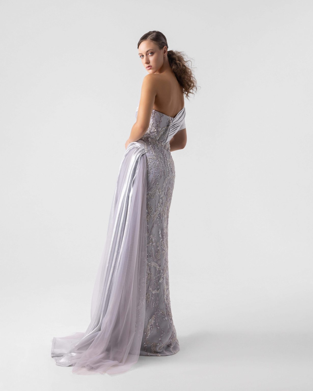 Shimmery Silver Draped Embellished Dress