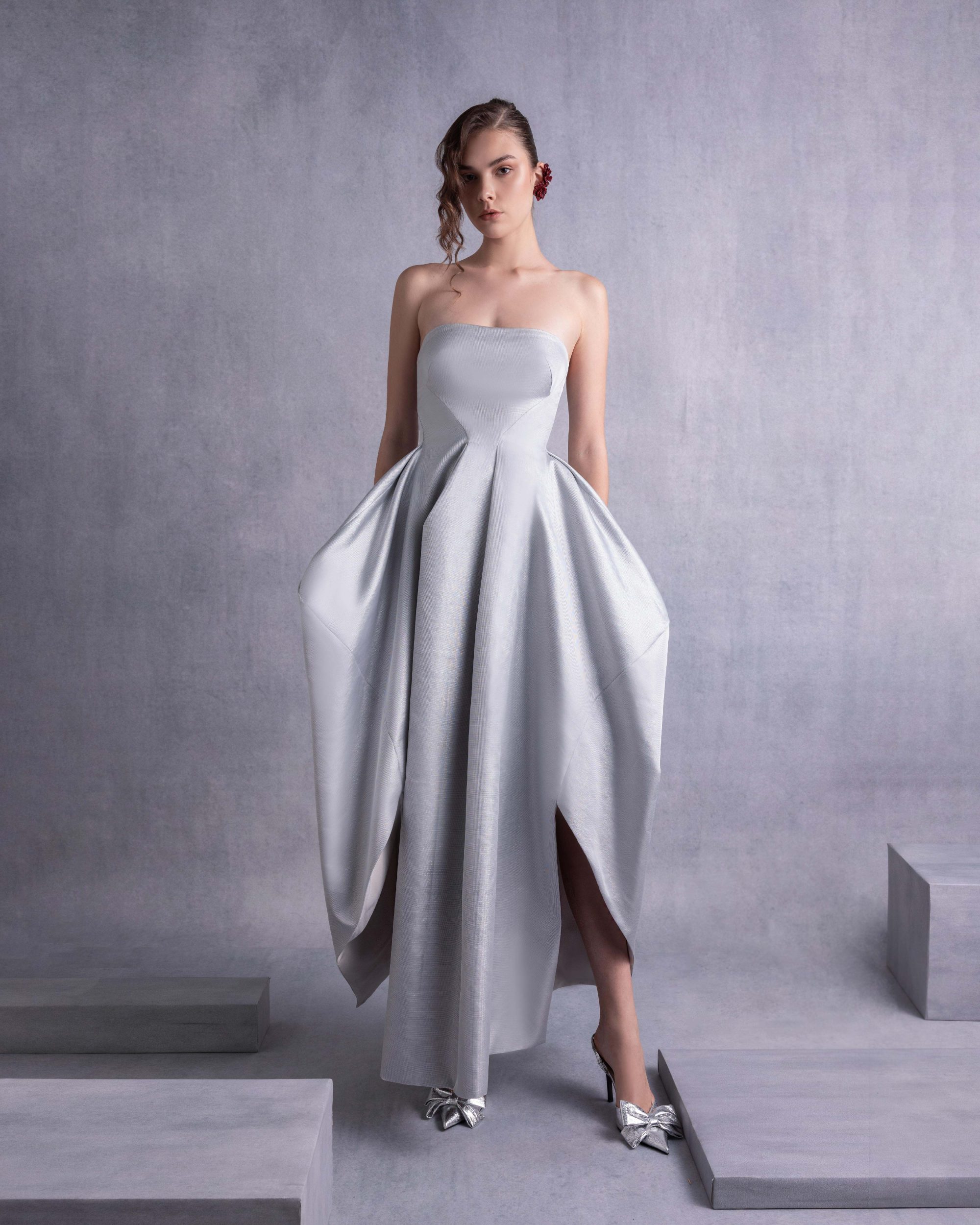 Elegant Silver Mikado Piqué Strapless Dress