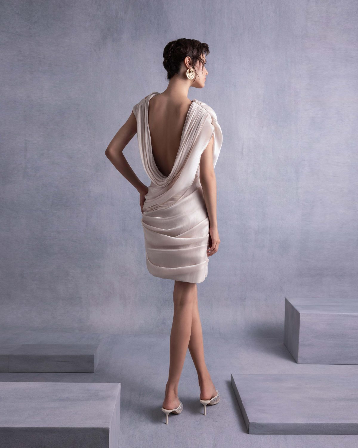 Draped Open Back Lamé Georgette Dress