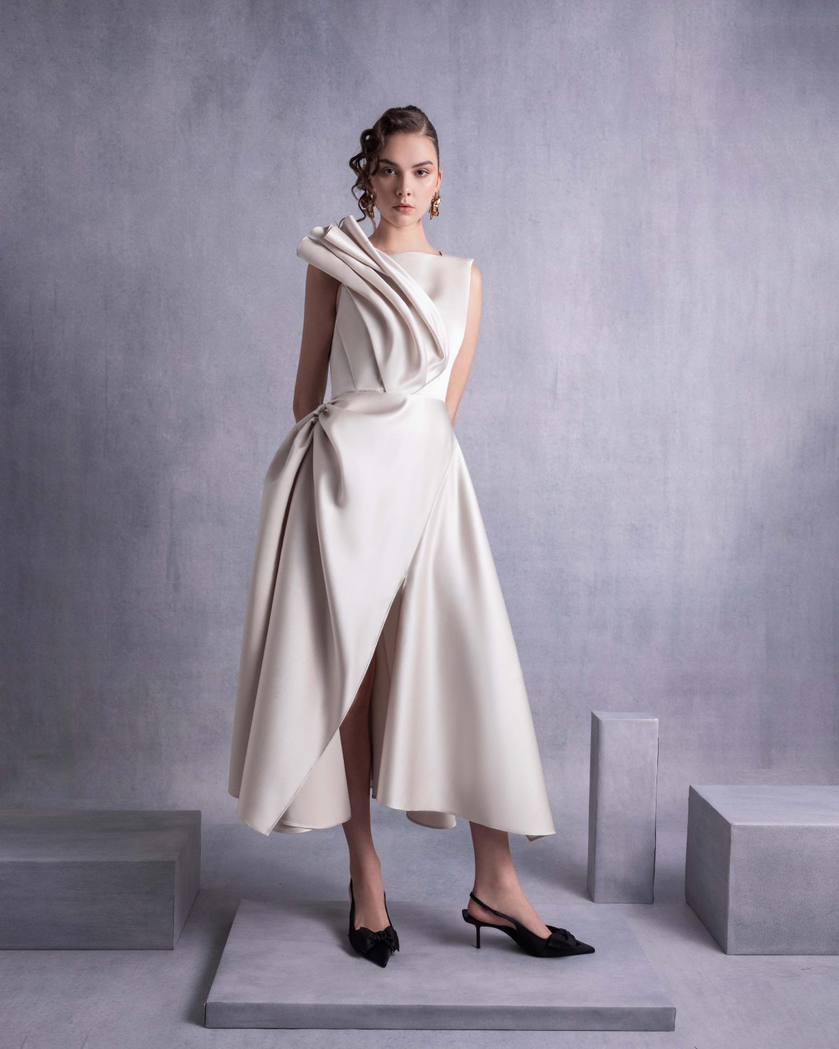 Gold Razmir Dress with Draped Shoulder and High Slit
