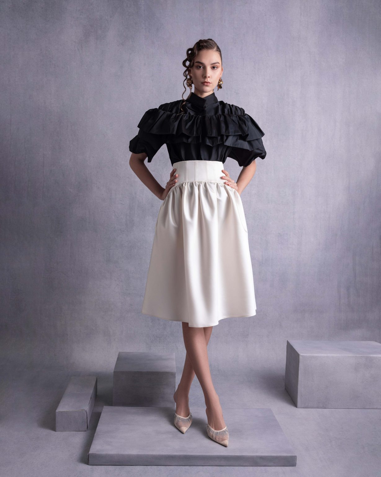 Cascading Ruffles Black Taffeta Top