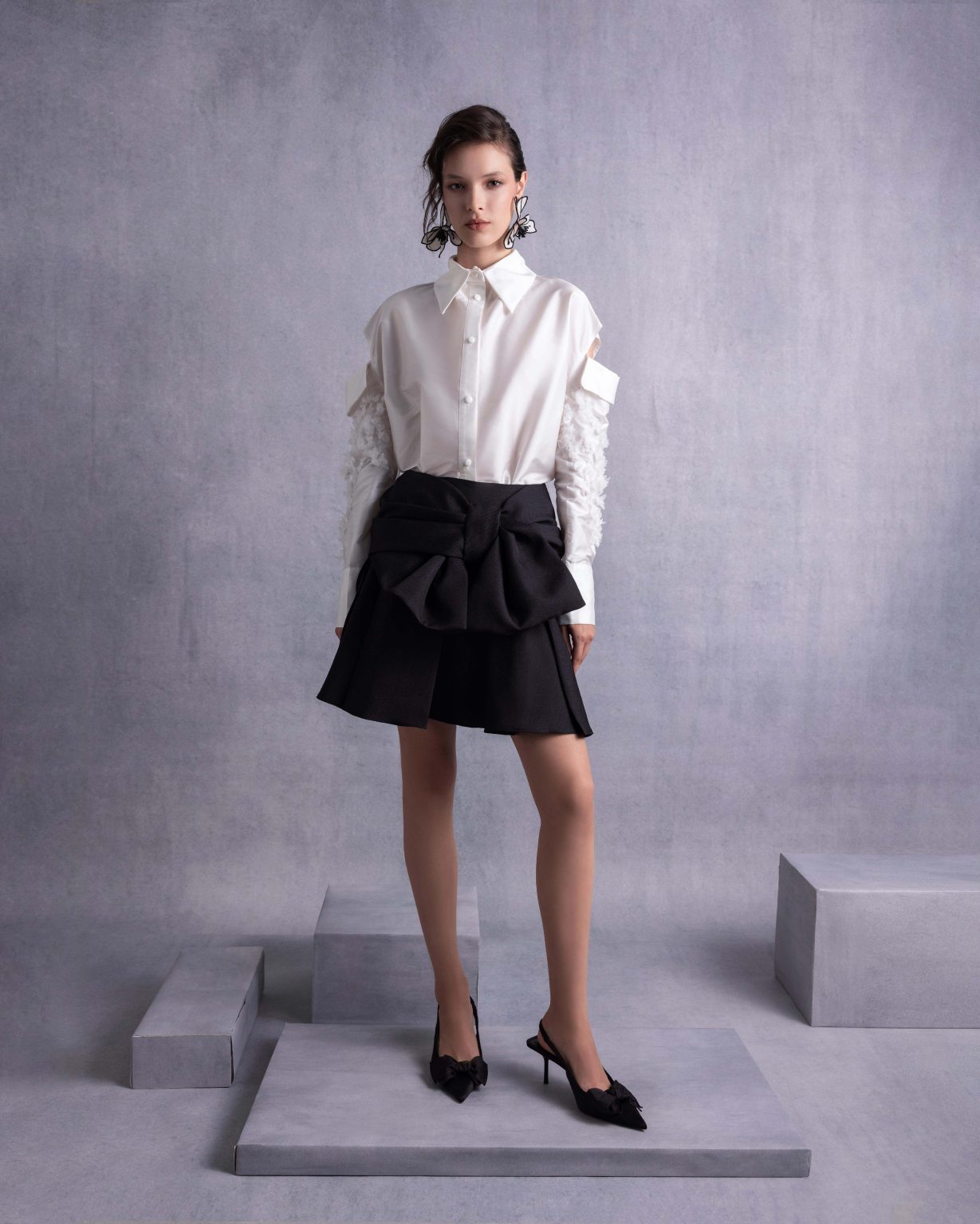 Pearly Embroidered Sleeves Off-White Taffeta Blouse