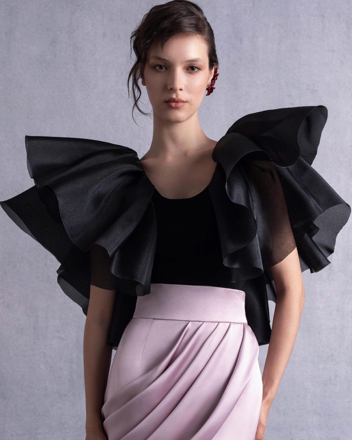 Exaggerated Shoulders Black Layered Organza Ruffle Top