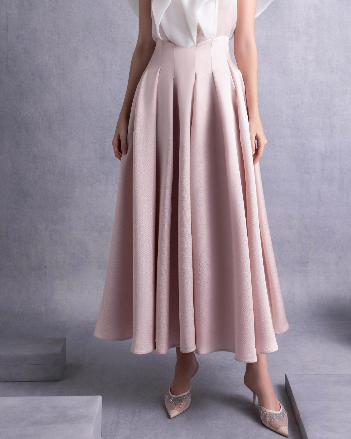 Soft Pink Mikado Pleated Midi Skirt