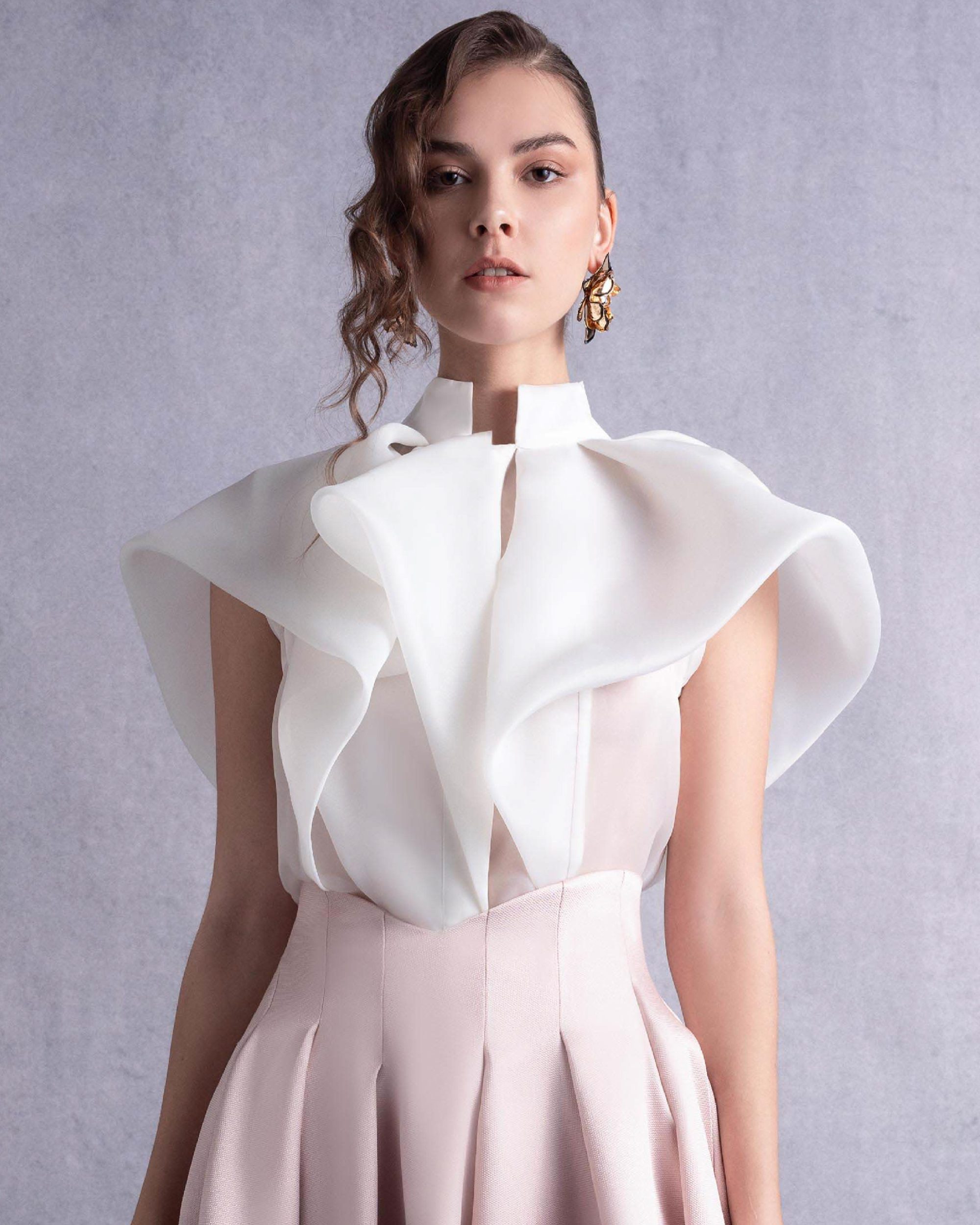 High Neck Cascading Off-White Organza Blouse