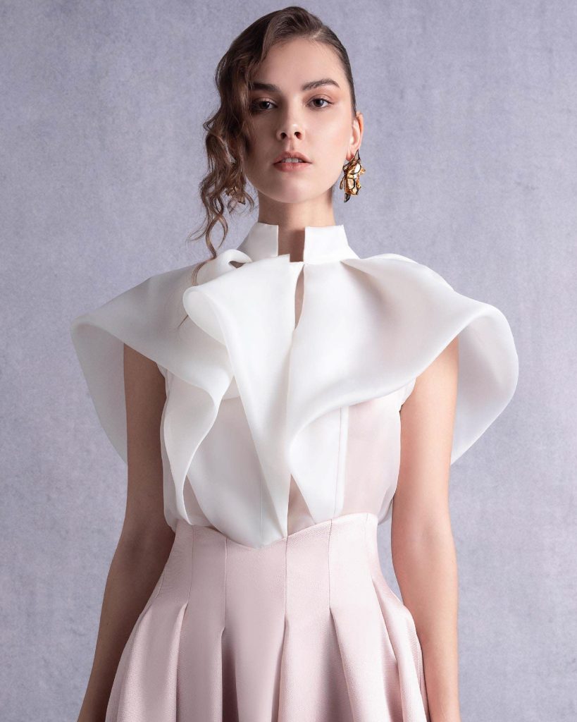 High Neck Cascading Off-White Organza Blouse 