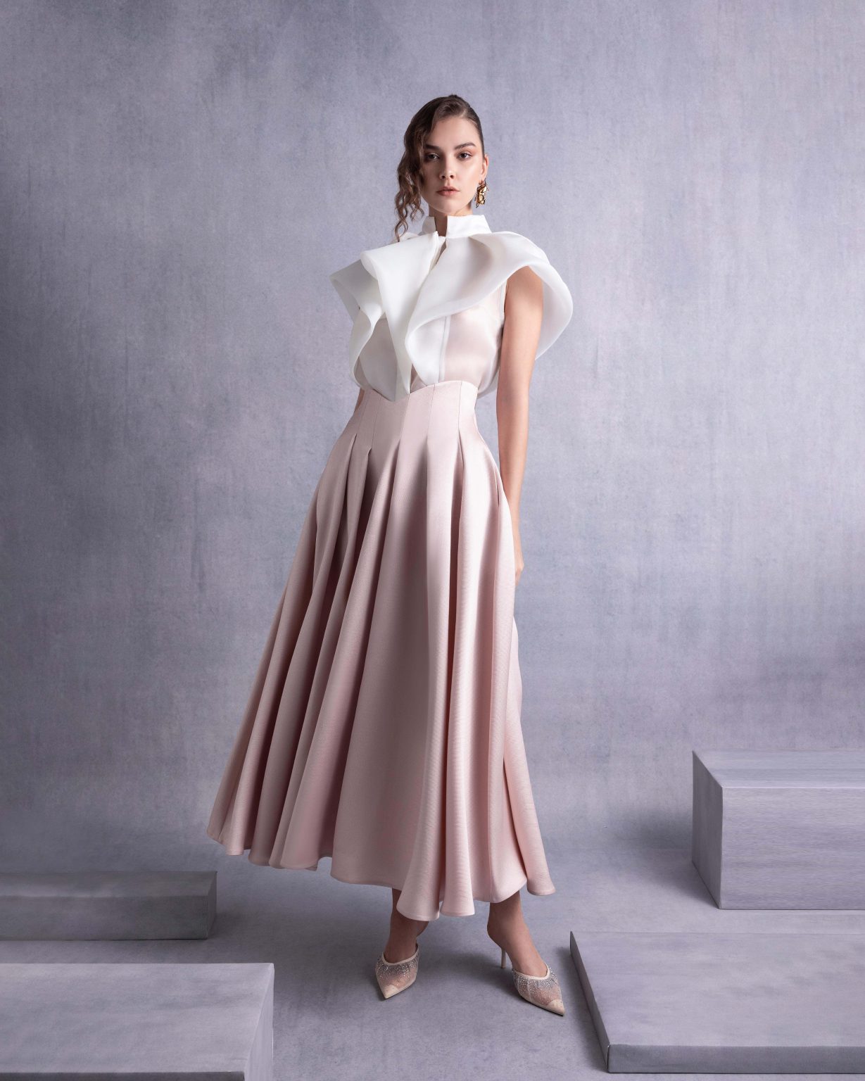 High Neck Cascading Off-White Organza Blouse