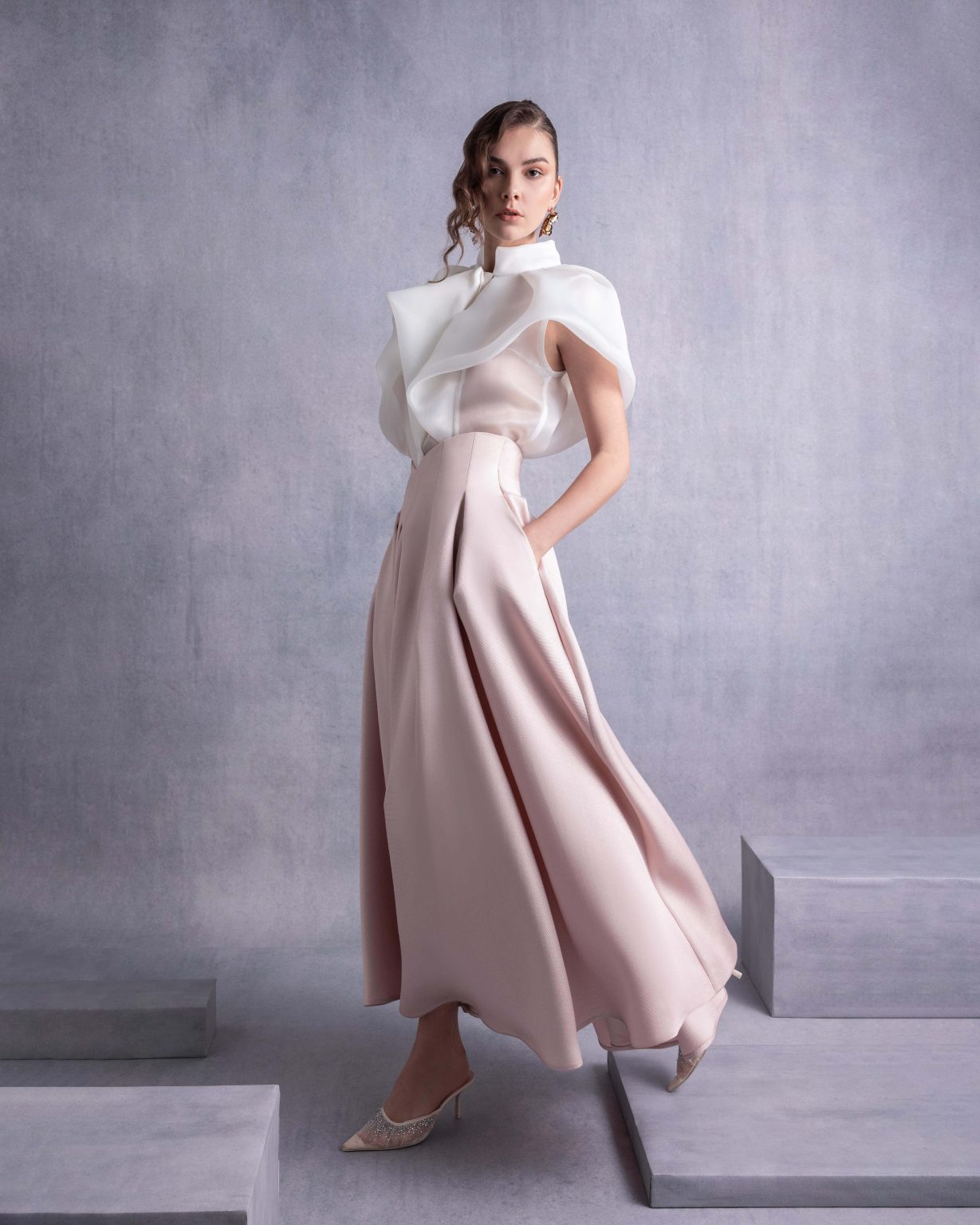 High Neck Cascading Off-White Organza Blouse