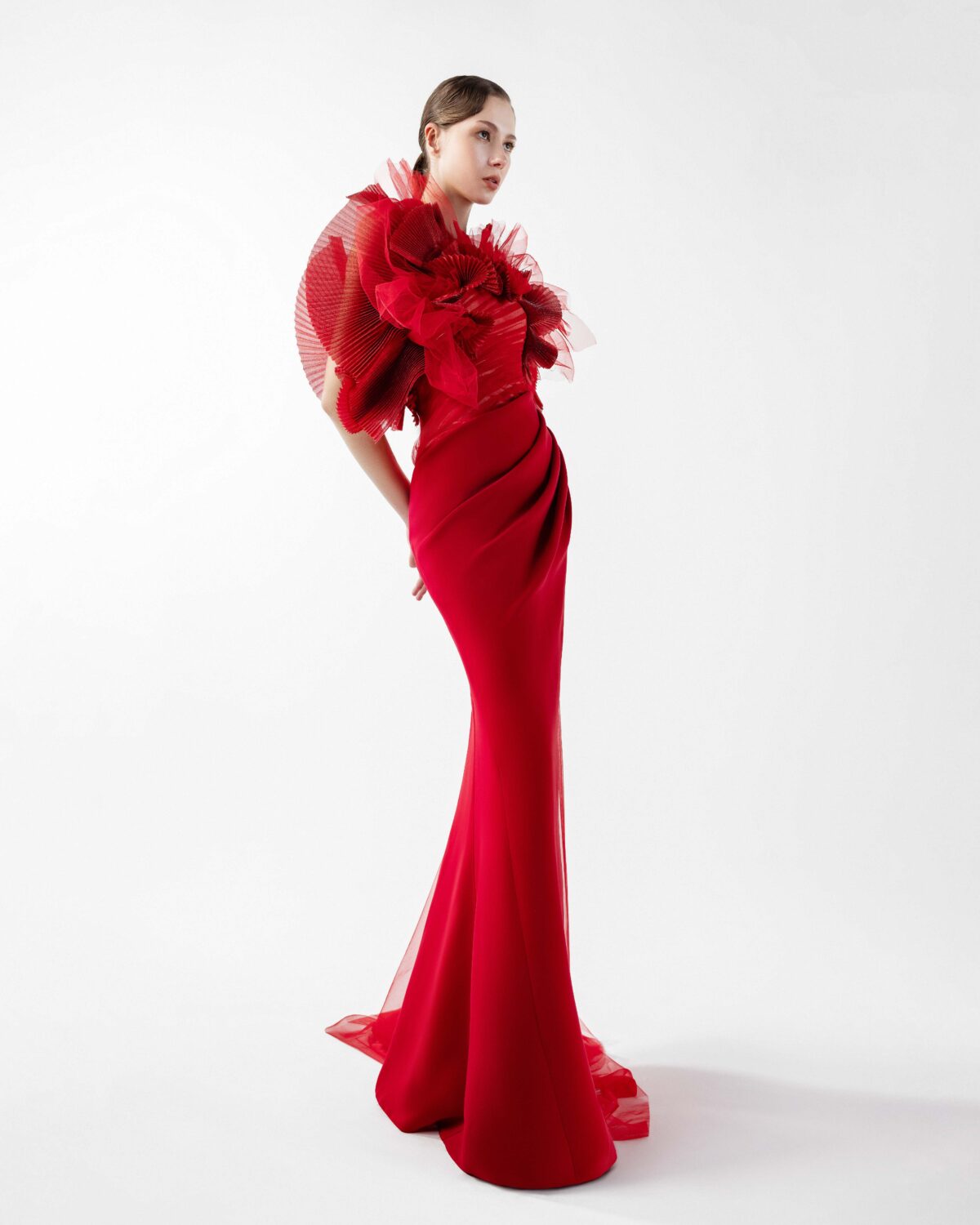 Crimson Whisper Red Crepe and Ethereal Tulle Evening Gown