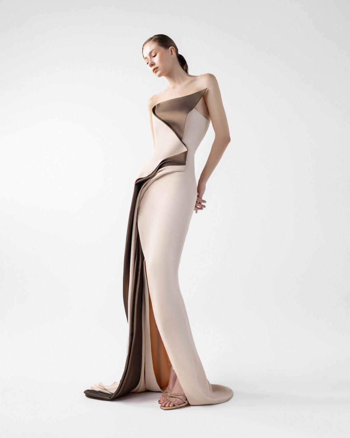 Molten Nude and Bronze Folded Gown