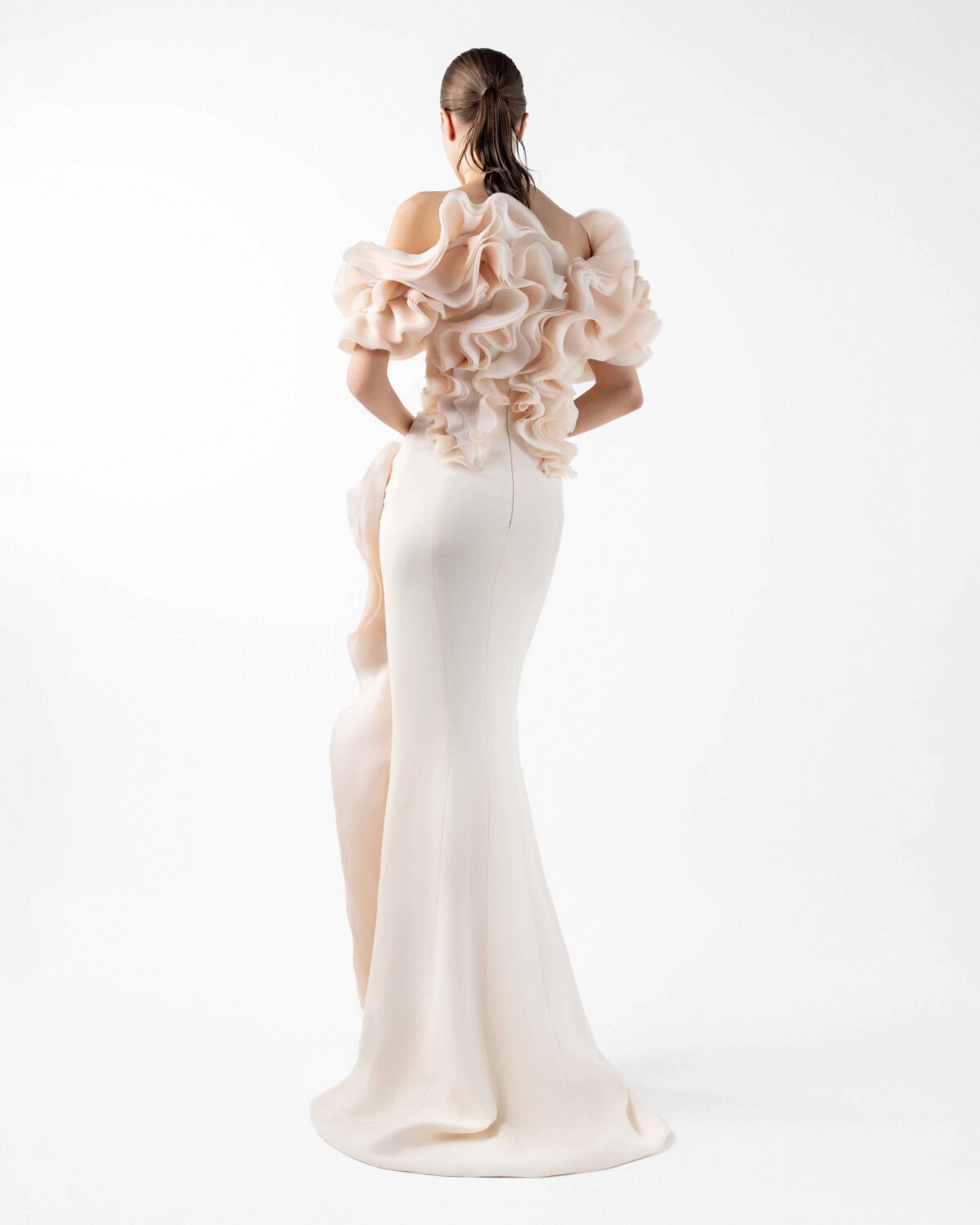 Romantic Cream Gown with Blooming Peach Ruffles
