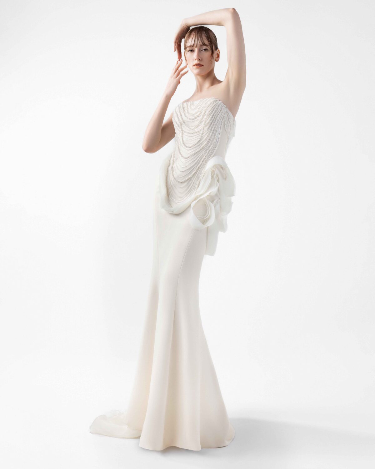 Iridescent Pearl Mermaid Gown with Petal Accents