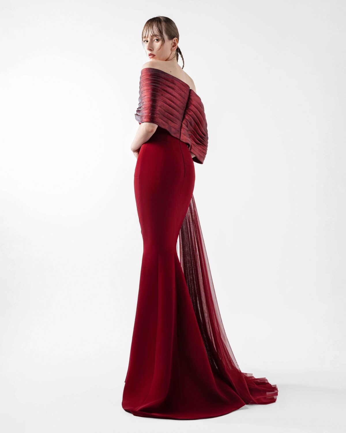 Grand Bordeaux Mermaid Gown with Embroidered Organza