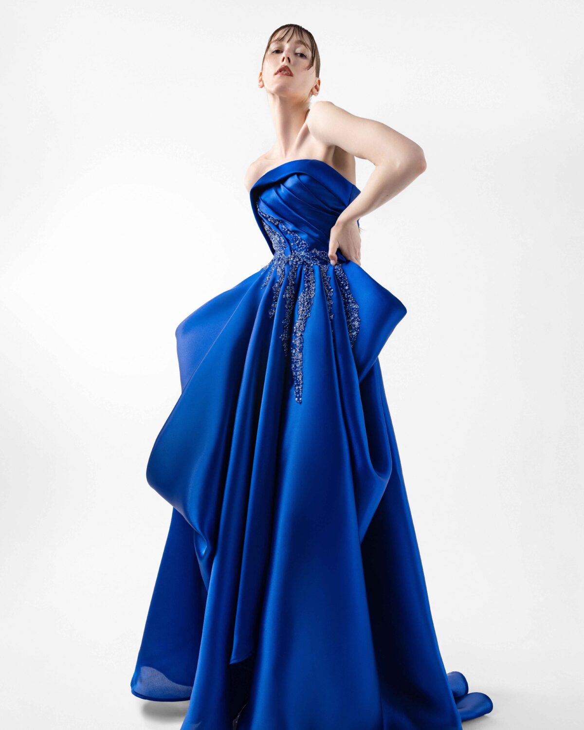 Voluminous Beaded Royal Blue Organza Evening Dress