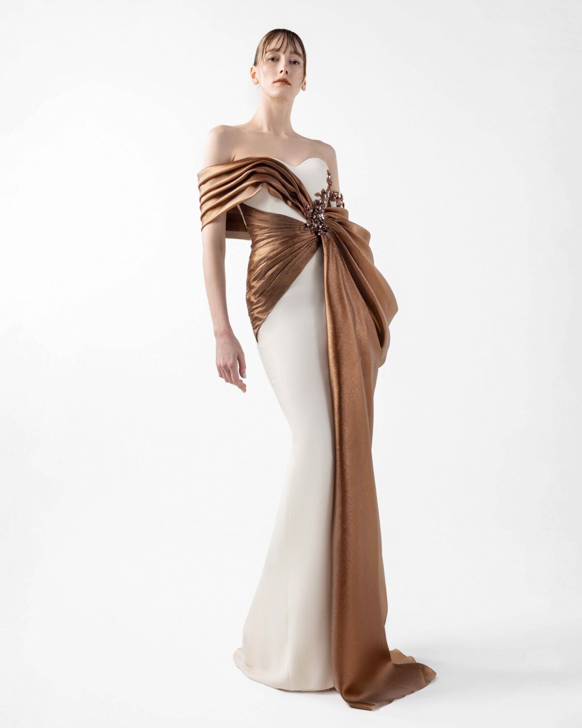 Cream Crepe Gown with Lame Organza Draping & Embroidered Accents