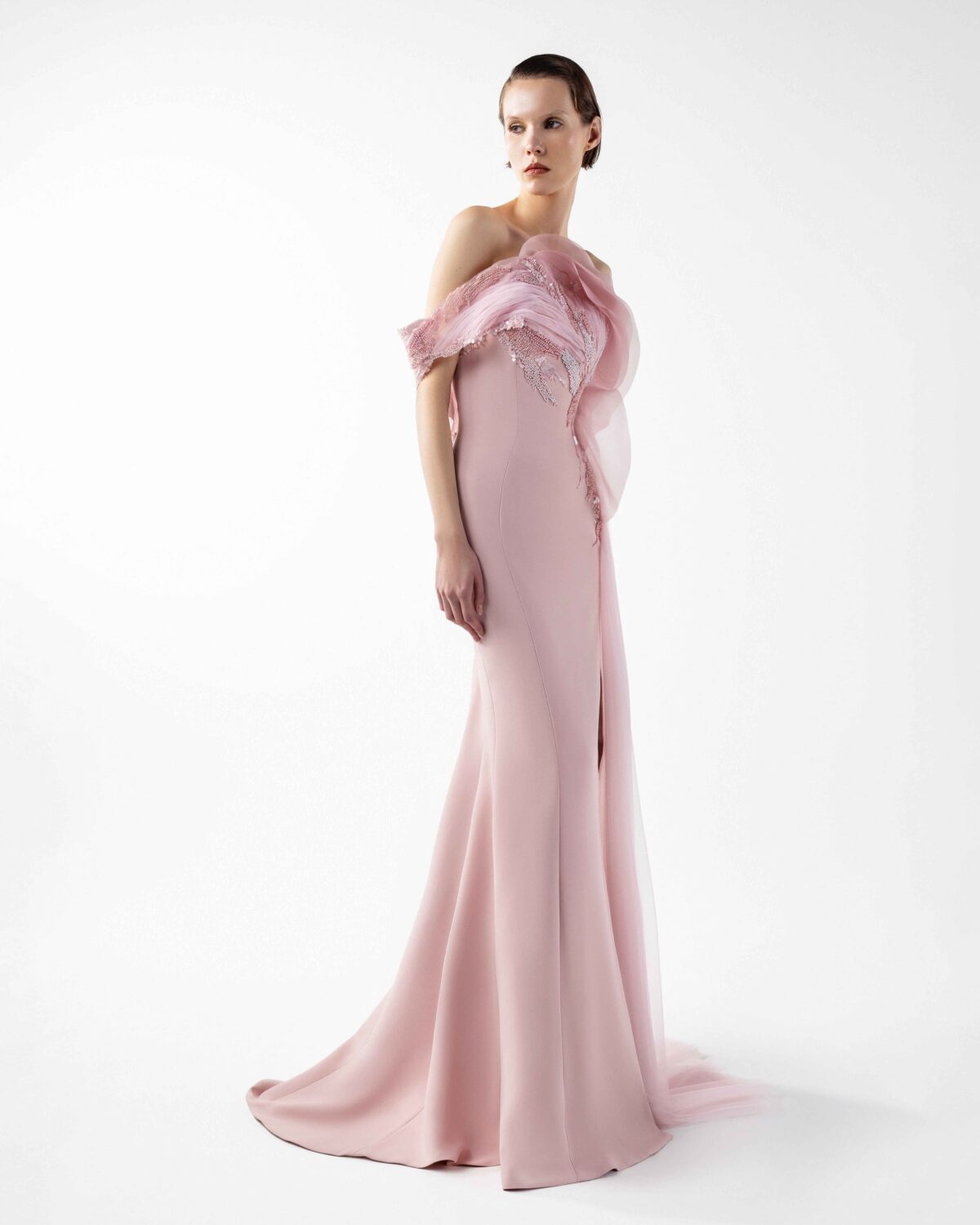 Rosé Sculpted Gown with Cascading Organza and Beaded Bloom