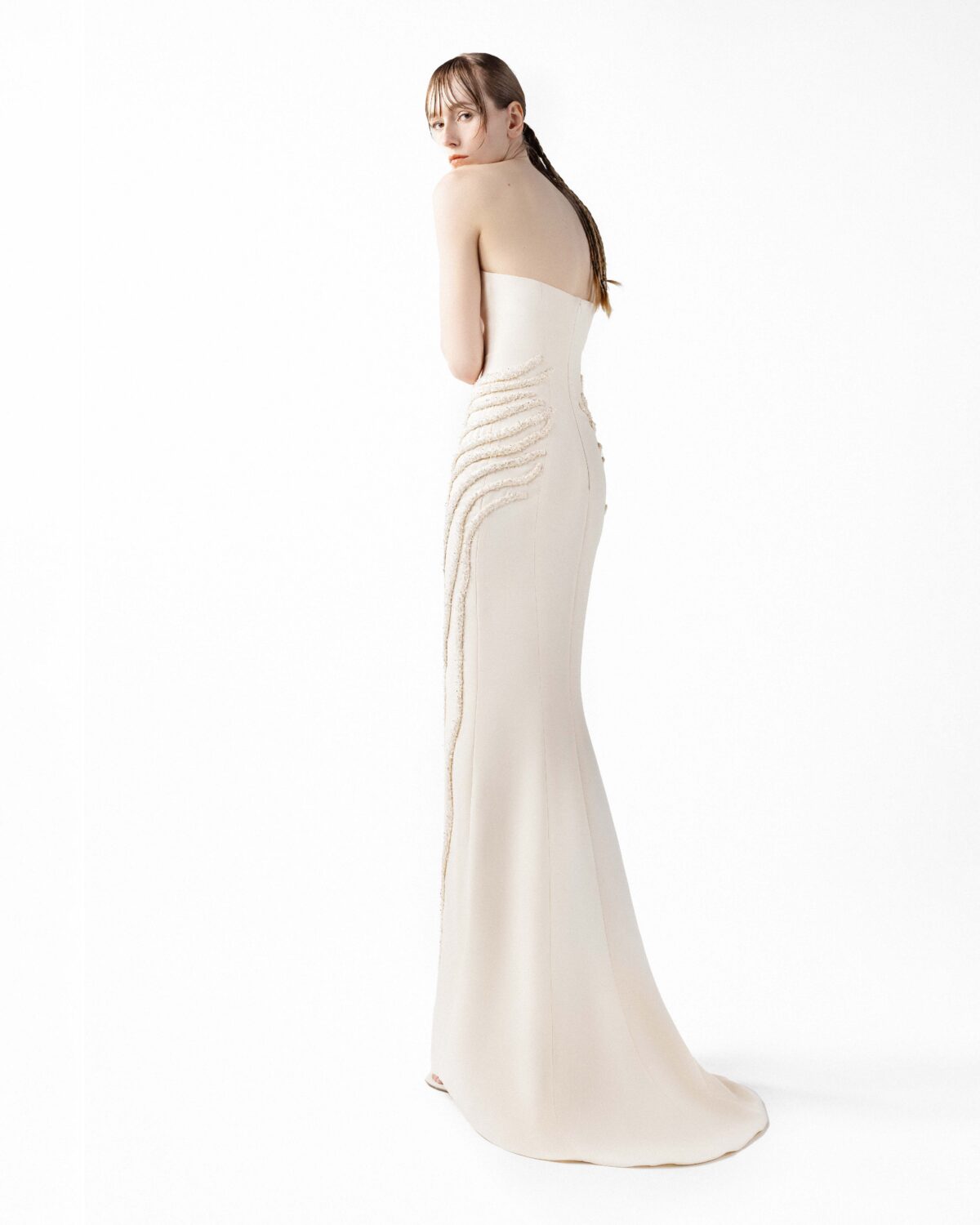 Cream Corset Crepe Gown With Ribbed Vein Beading