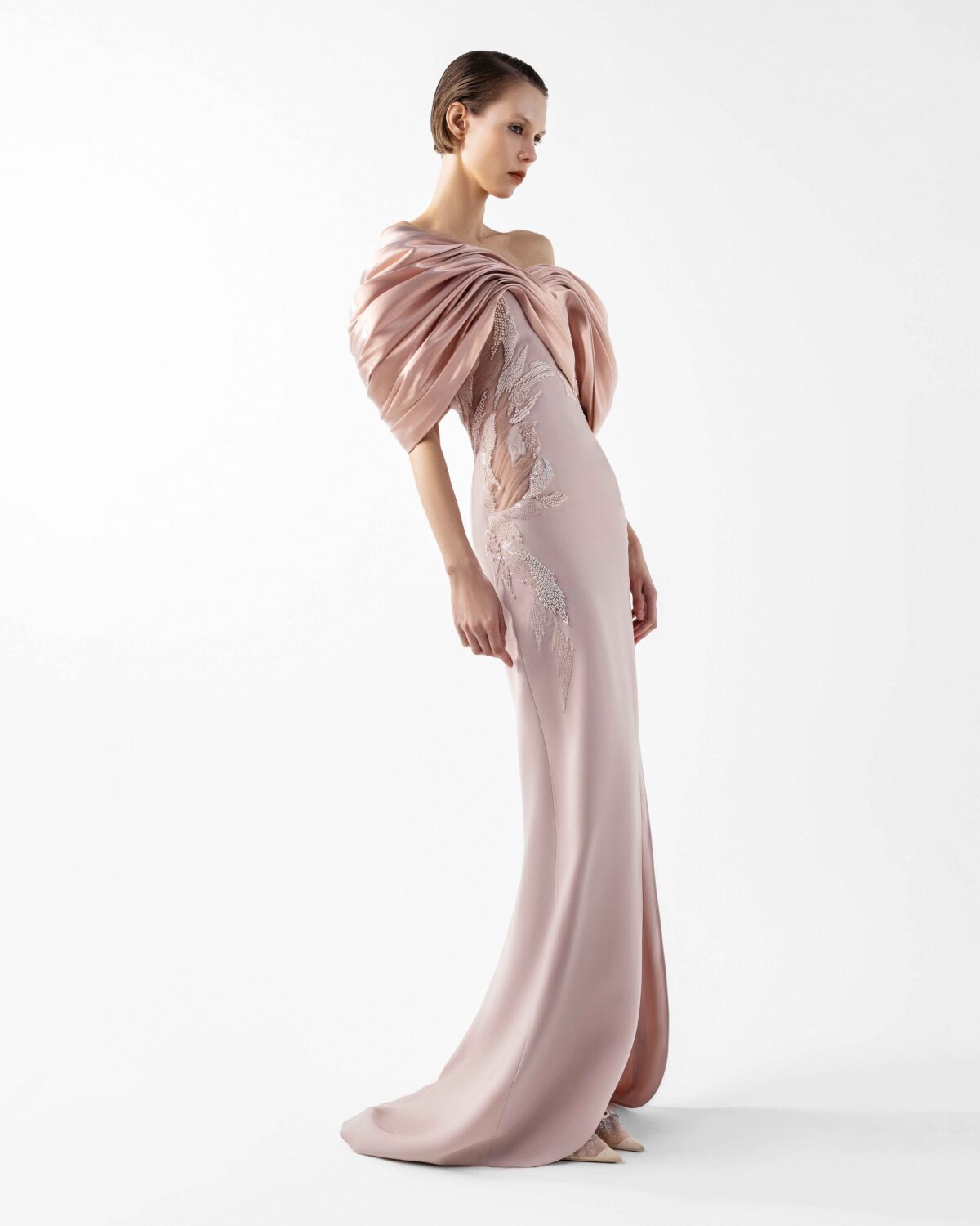 Draped Petal Crepe and Metallic Blush Gown