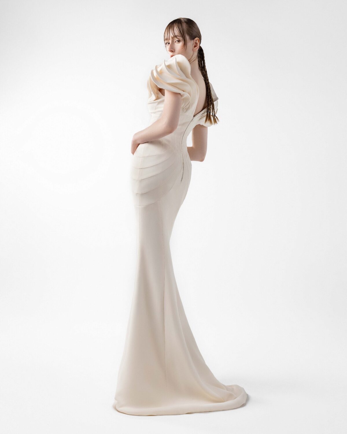 Cream Crepe Gown with Architectural Sleeves and Sculpted Lines