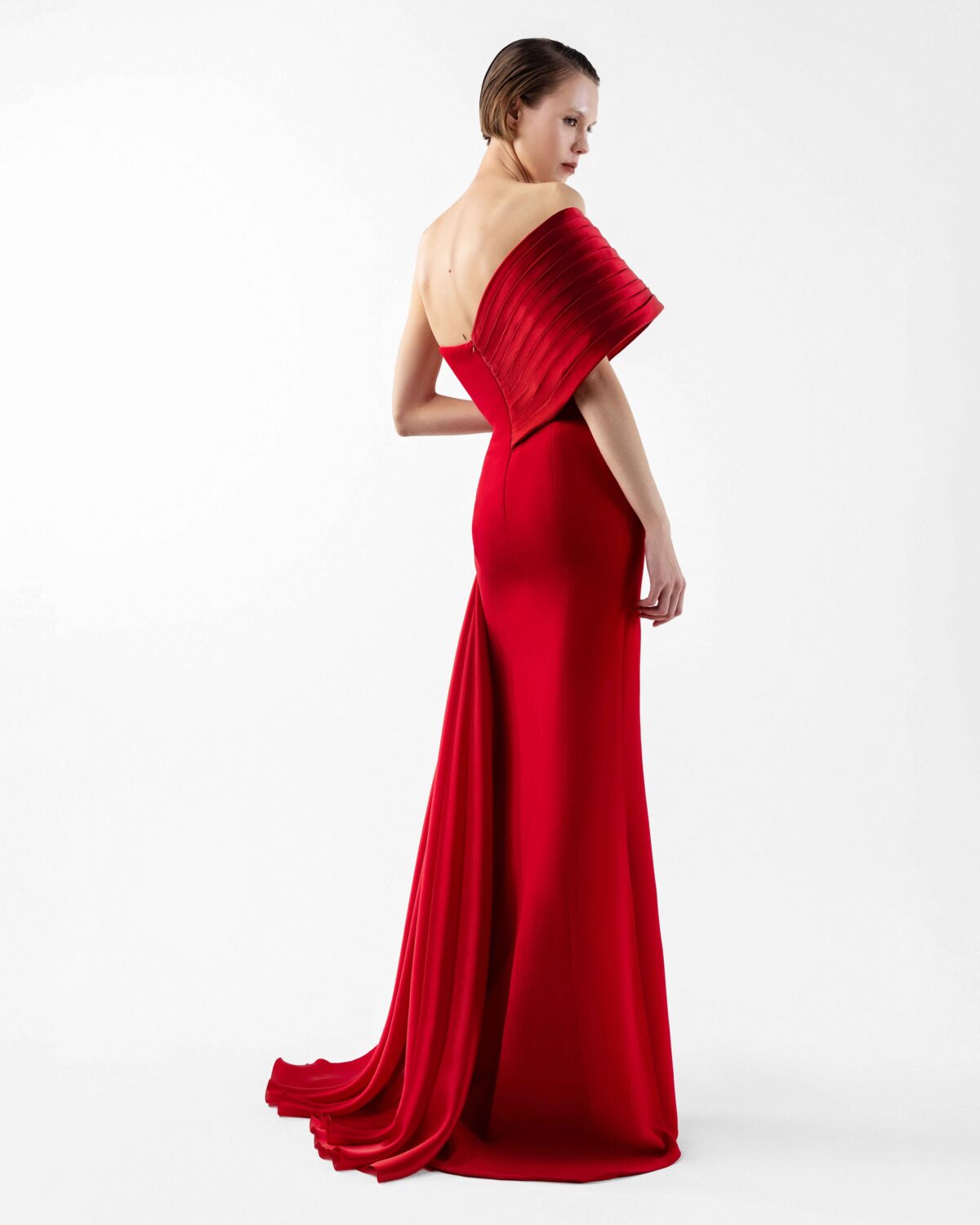 Crimson Gown with Sculpted Organza Off-Shoulder and Beaded Flame Bloom