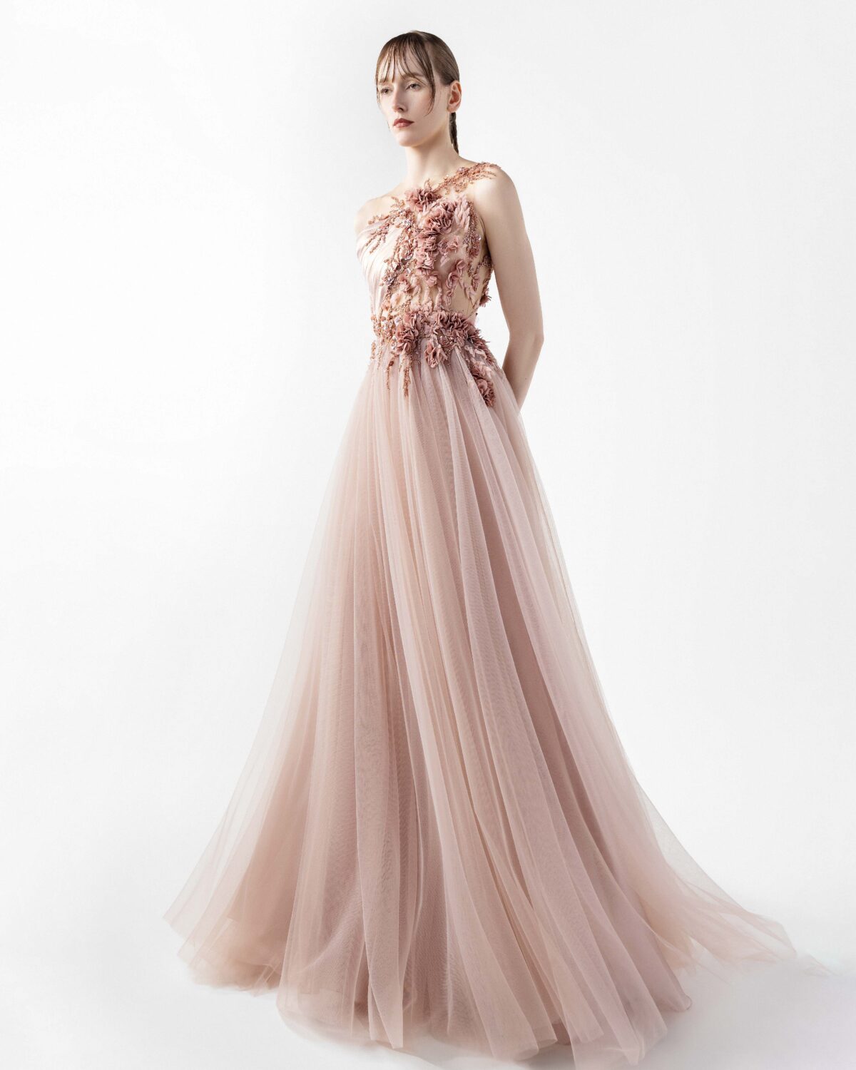 Blush Sheer Tulle Skirt Illusion Gown with Cascading Floral Embroidery
