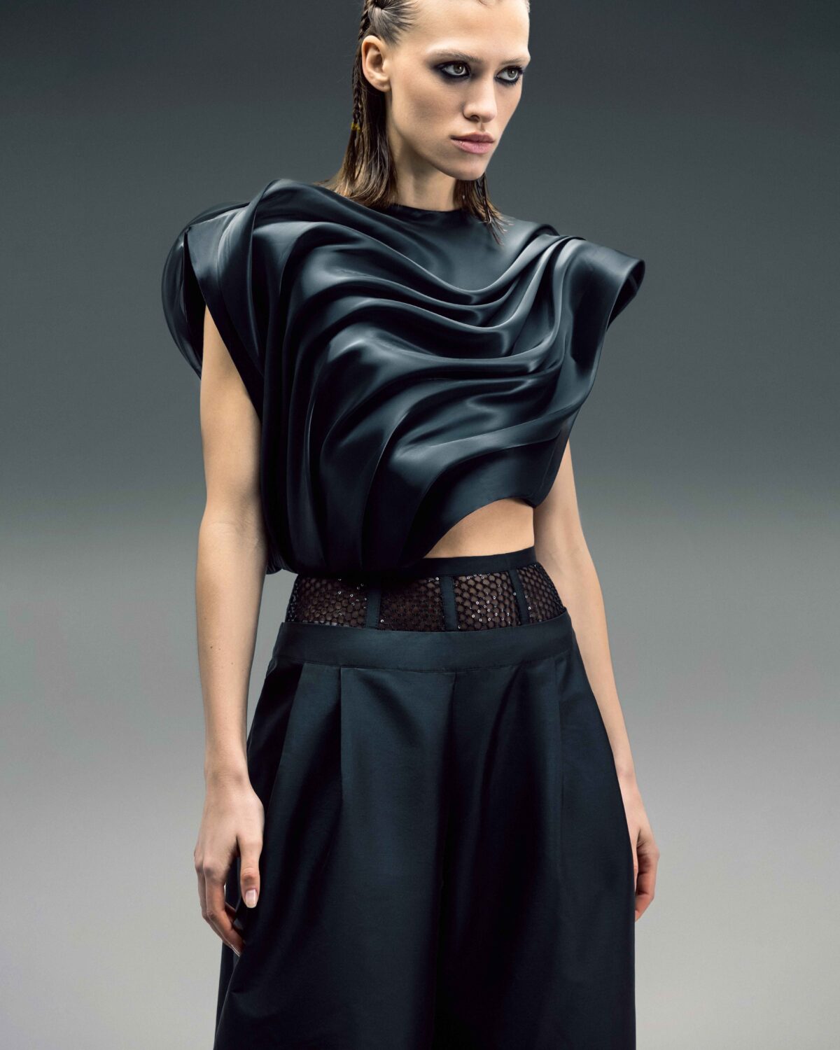 Fluid Organza Wide Shoulders Cropped Top