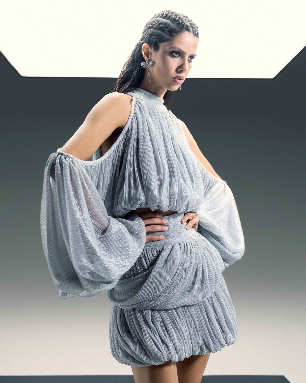 Silver Lamé Top with Shoulder Cutouts