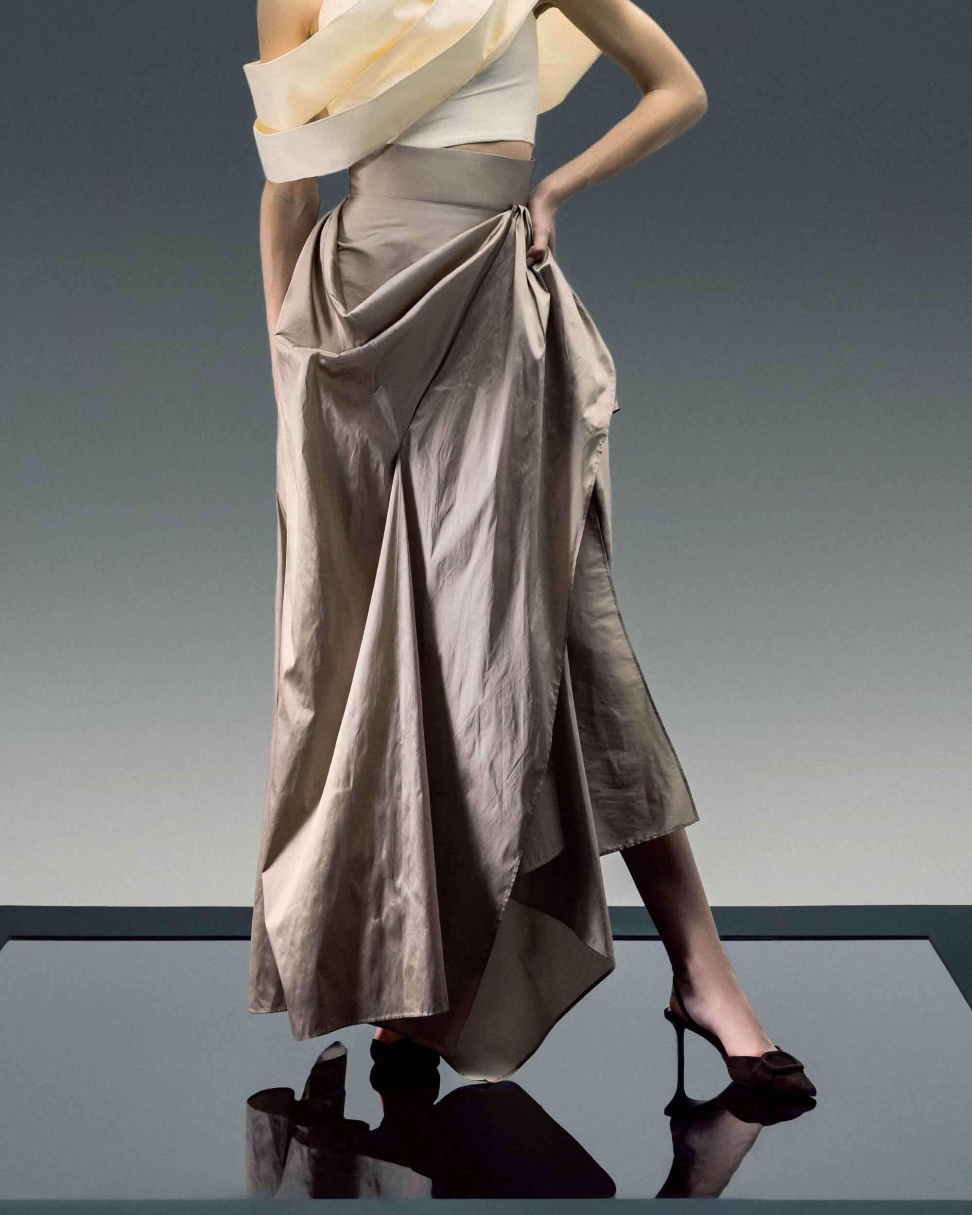 Draped Gold Taffeta Maxi Skirt