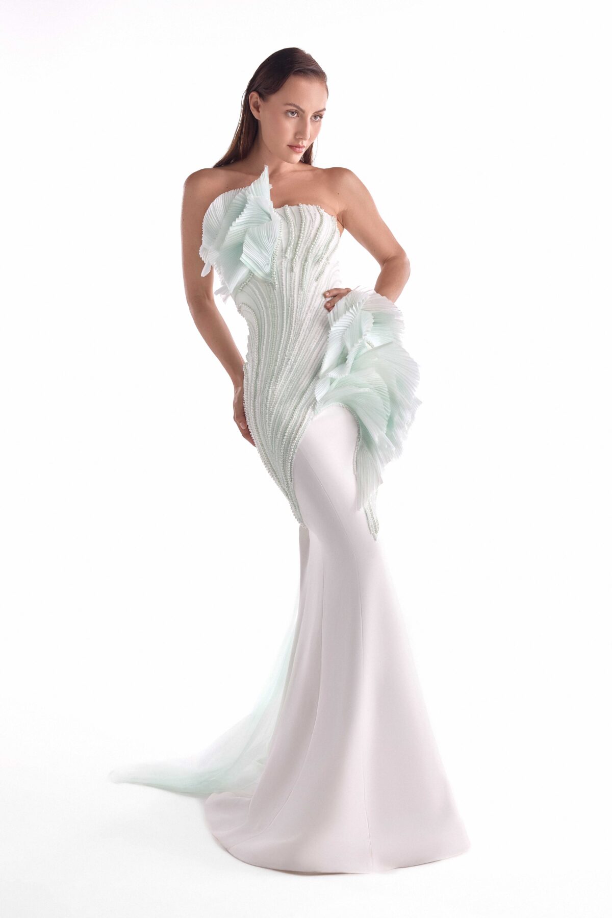 Mint-Kissed Pearl and pleated  inserts Off-white Mermaid Gown