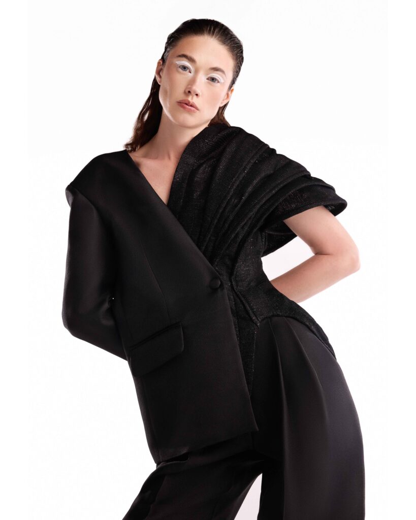 Subtle Shimmer, Asymmetric Black Piqué Jacket 