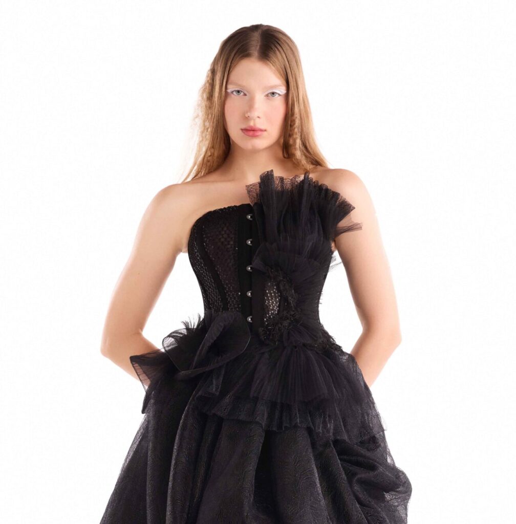 Sequined Corset with Tulle Plissé and Chantilly lace inserts 